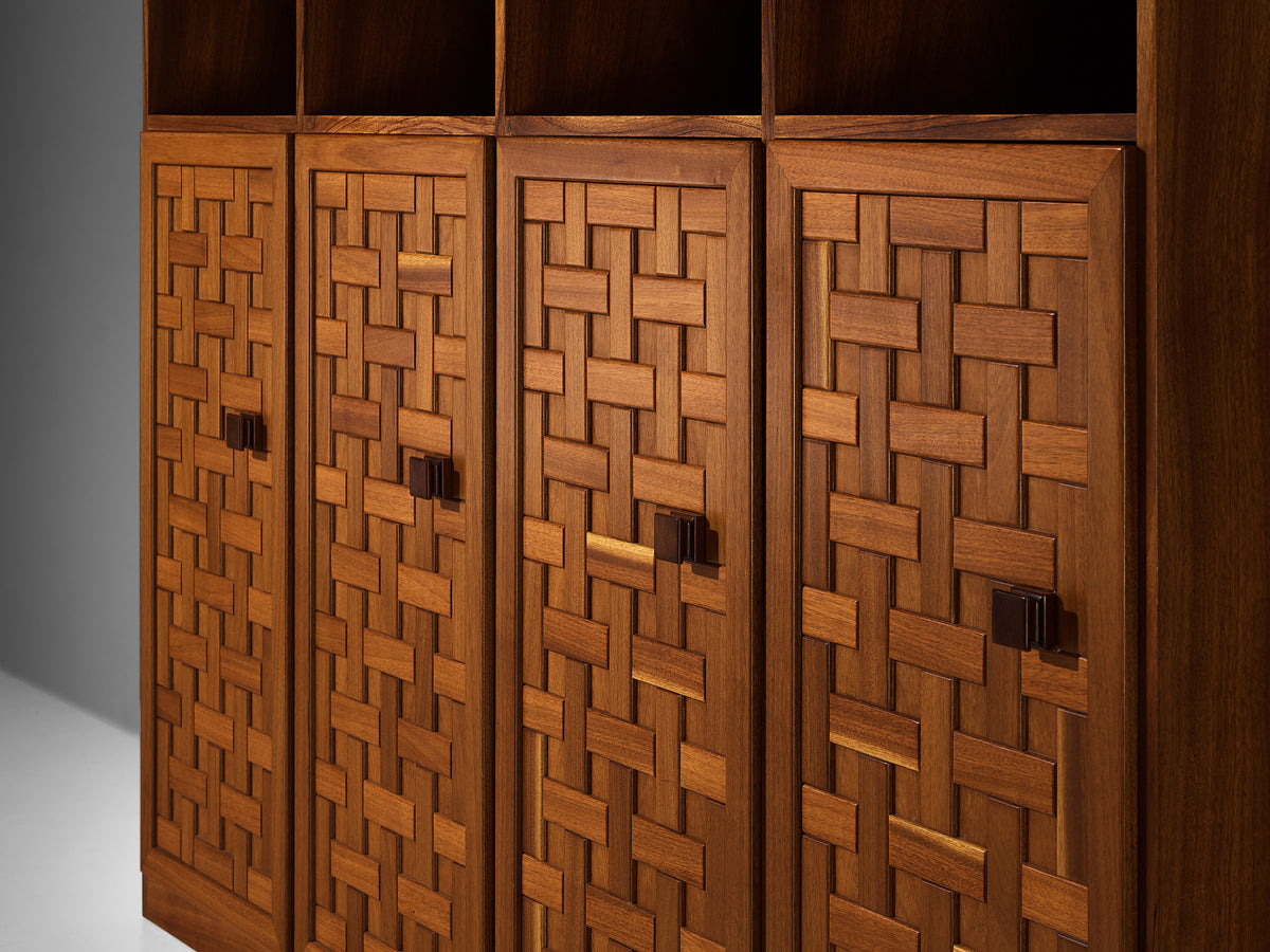 Italian Architectural Grid-Structured Higboard or Bookcase in Walnut Case pieces and storage cabinets Morentz