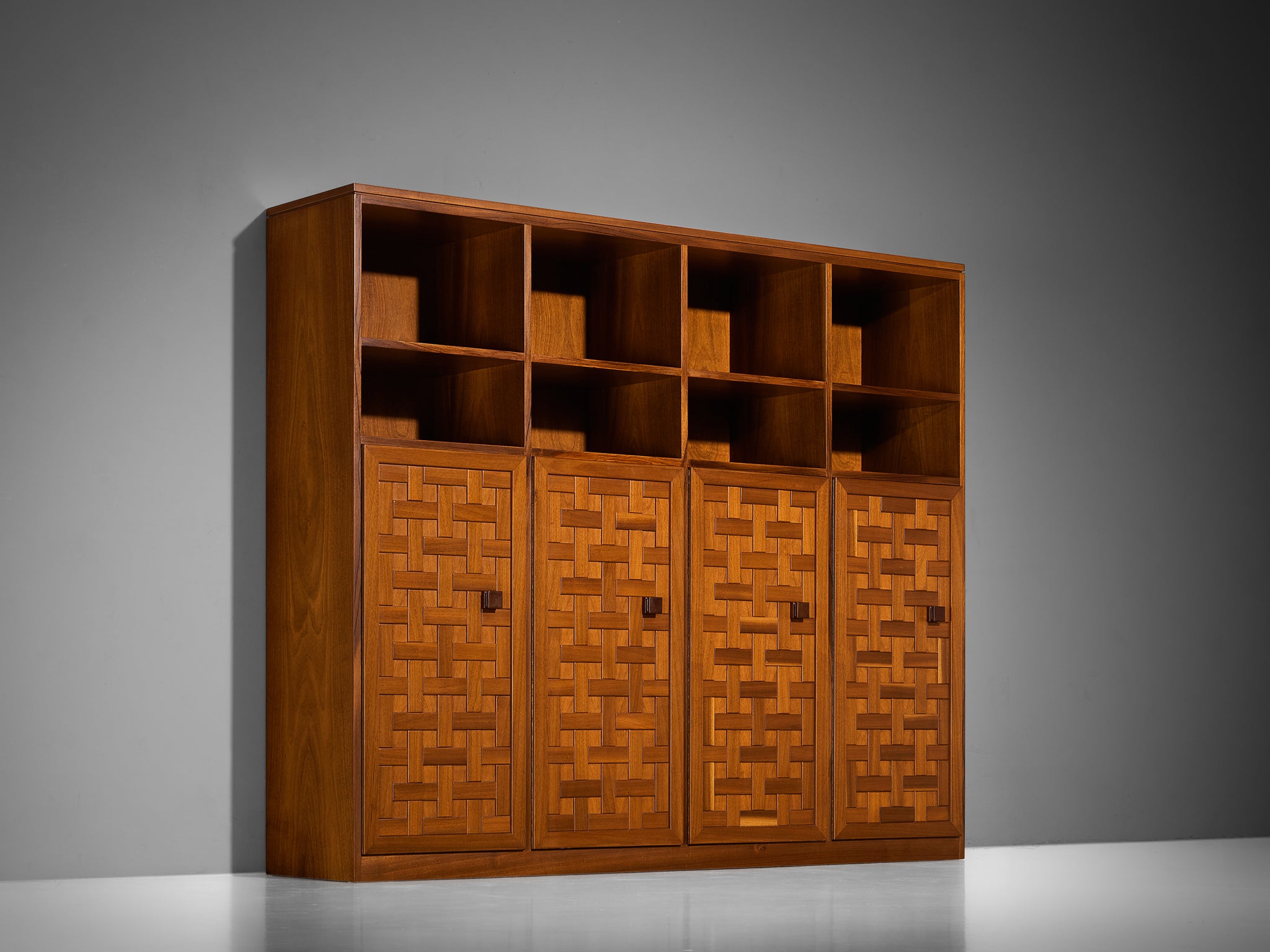 Italian Architectural Grid-Structured Higboard or Bookcase in Walnut Case pieces and storage cabinets Morentz