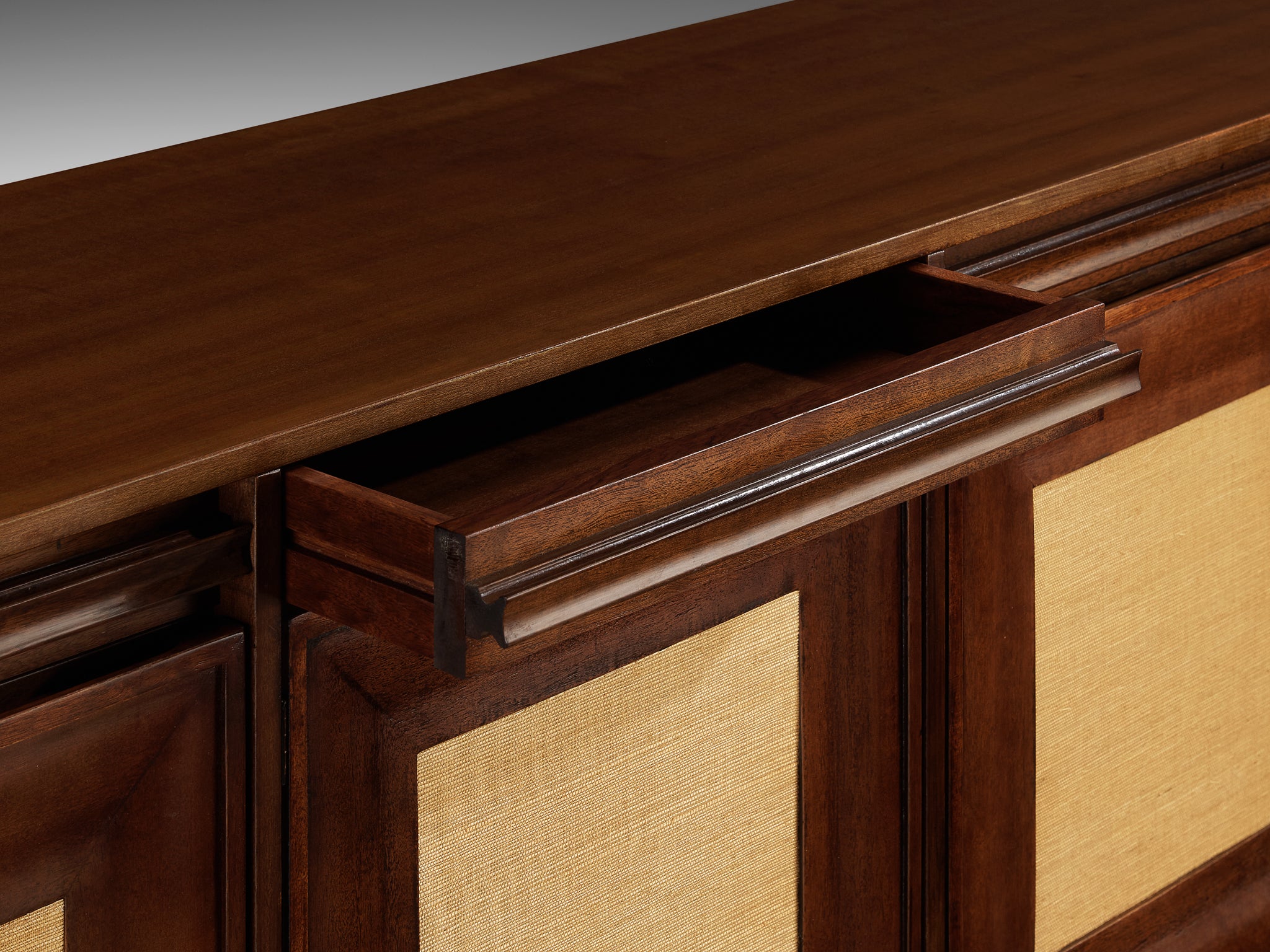 Angelo Mangiarotti for Sorgente dei Mobili Sideboard in Mahogany Grasscloth Case pieces and storage cabinets Morentz