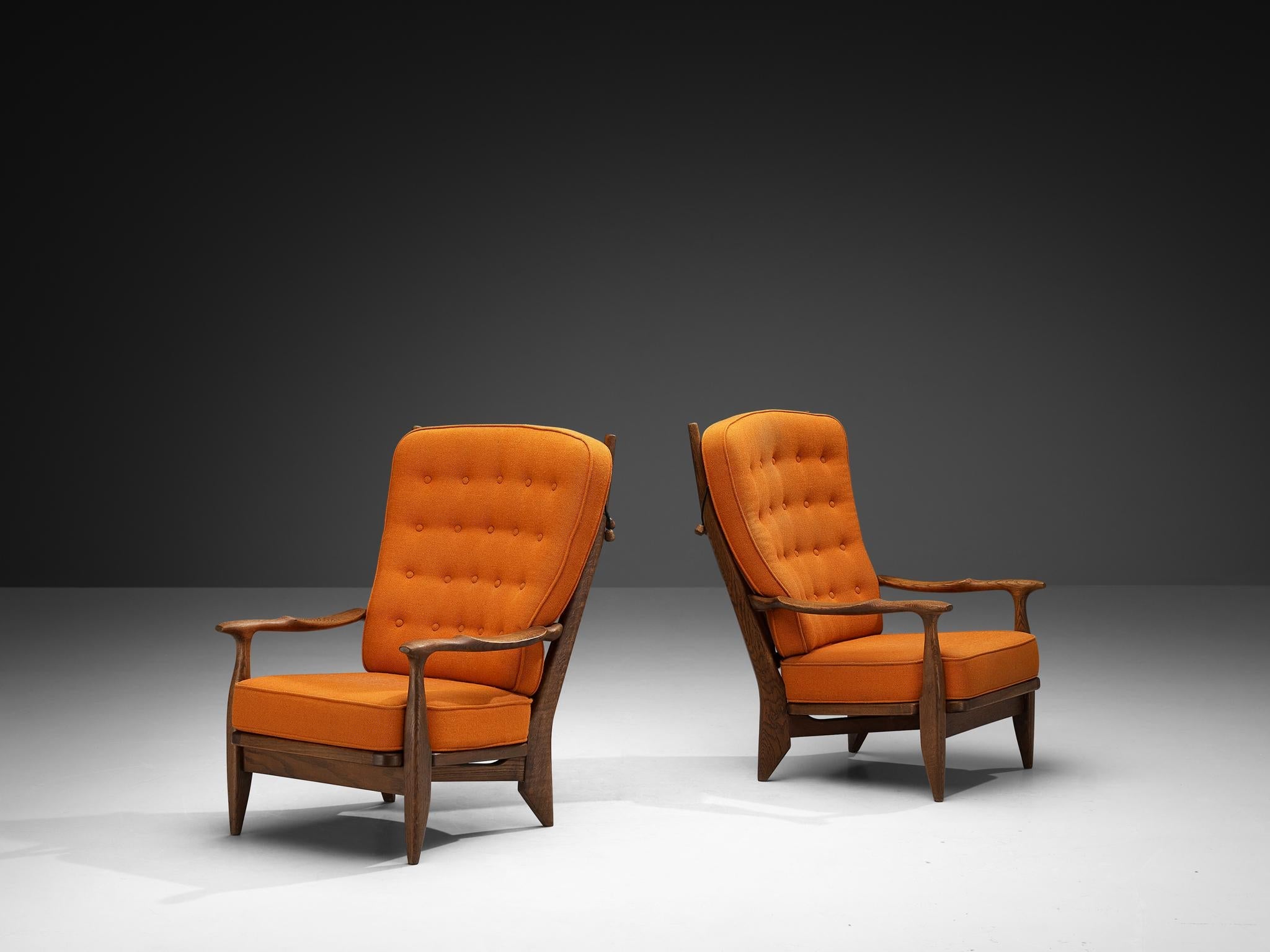 Guillerme & Chambron Lounge Chairs in Solid Oak and Orange Wool seating Morentz
