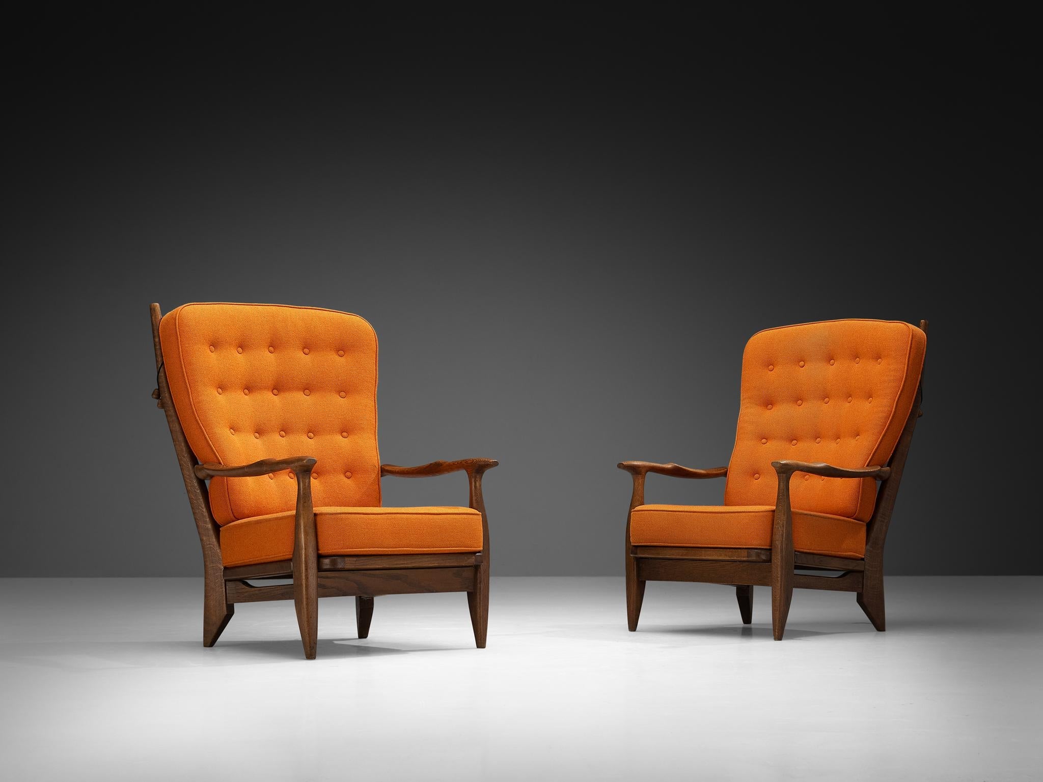 Guillerme & Chambron Lounge Chairs in Solid Oak and Orange Wool seating Morentz