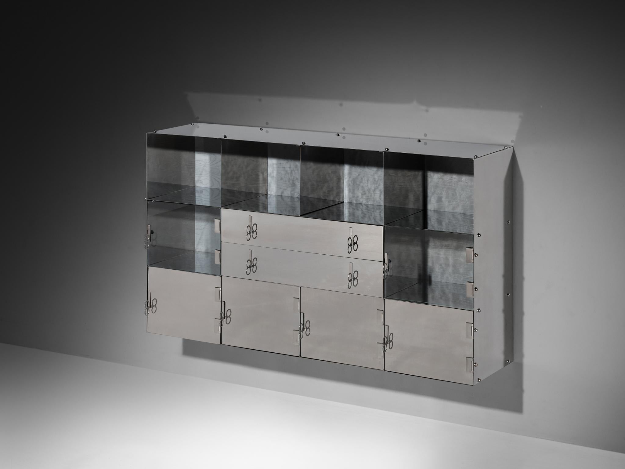 Vittorio Introini for Saporiti Mirrored Sideboard Polished Aluminum Glass case pieces and storage cabinets Morentz
