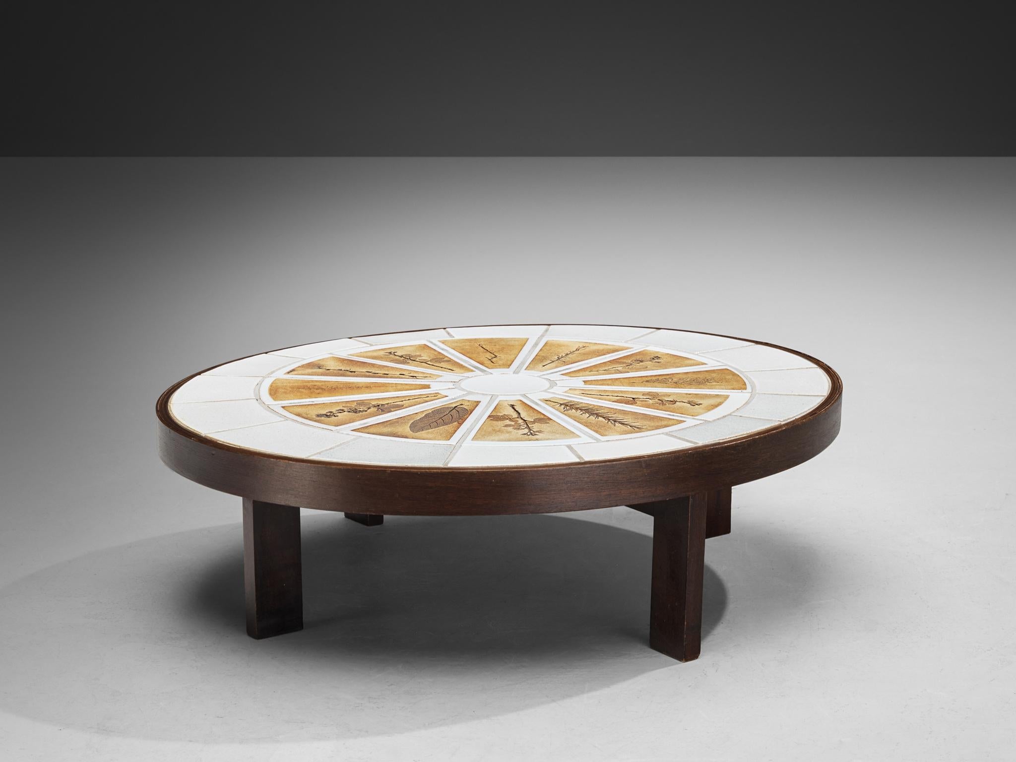 Roger Capron Oval Coffee Table with Fauna Imprints in Ceramic and Wood tables Morentz