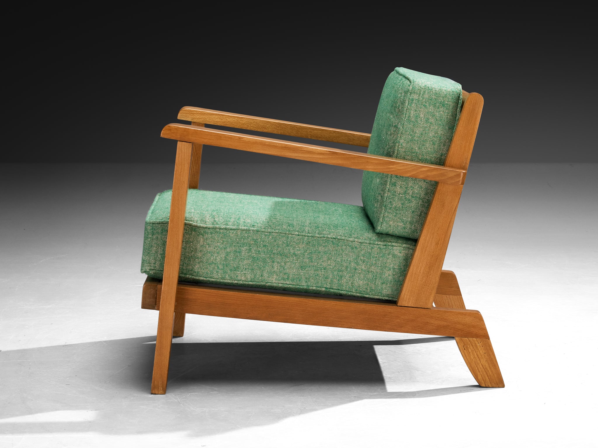 René Gabriel Lounge Chair in Green Linen Pierre Frey Fabric and Wood Seating Morentz