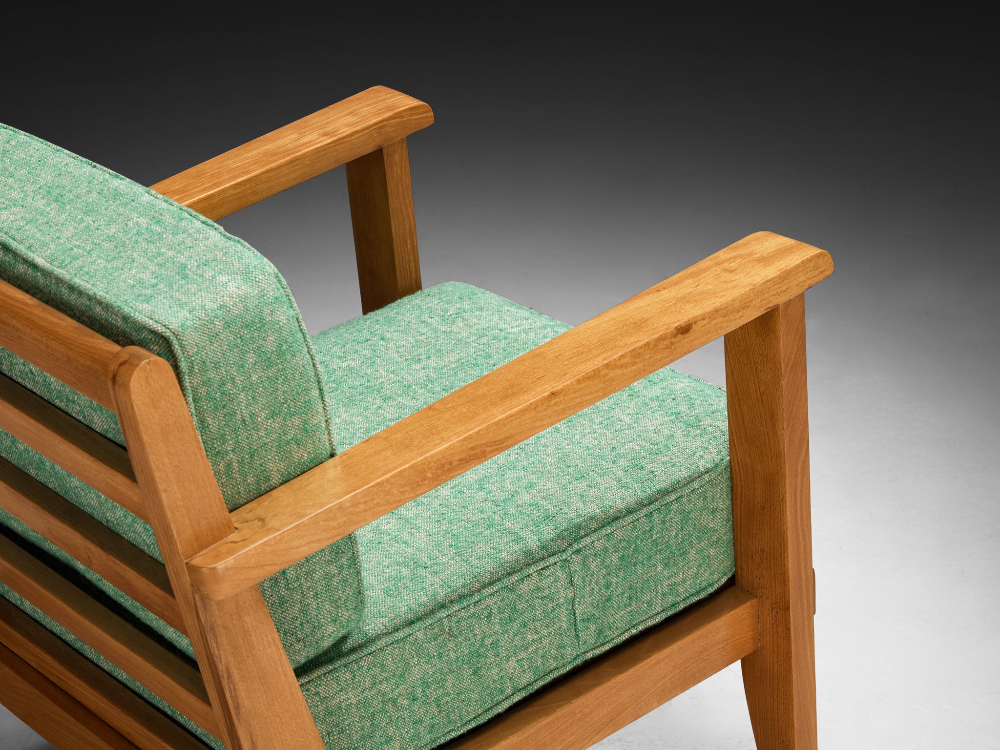 René Gabriel Lounge Chair in Green Linen Pierre Frey Fabric and Wood Seating Morentz