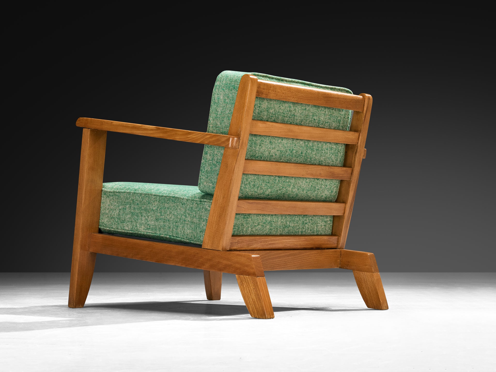 René Gabriel Lounge Chair in Green Linen Pierre Frey Fabric and Wood Seating Morentz