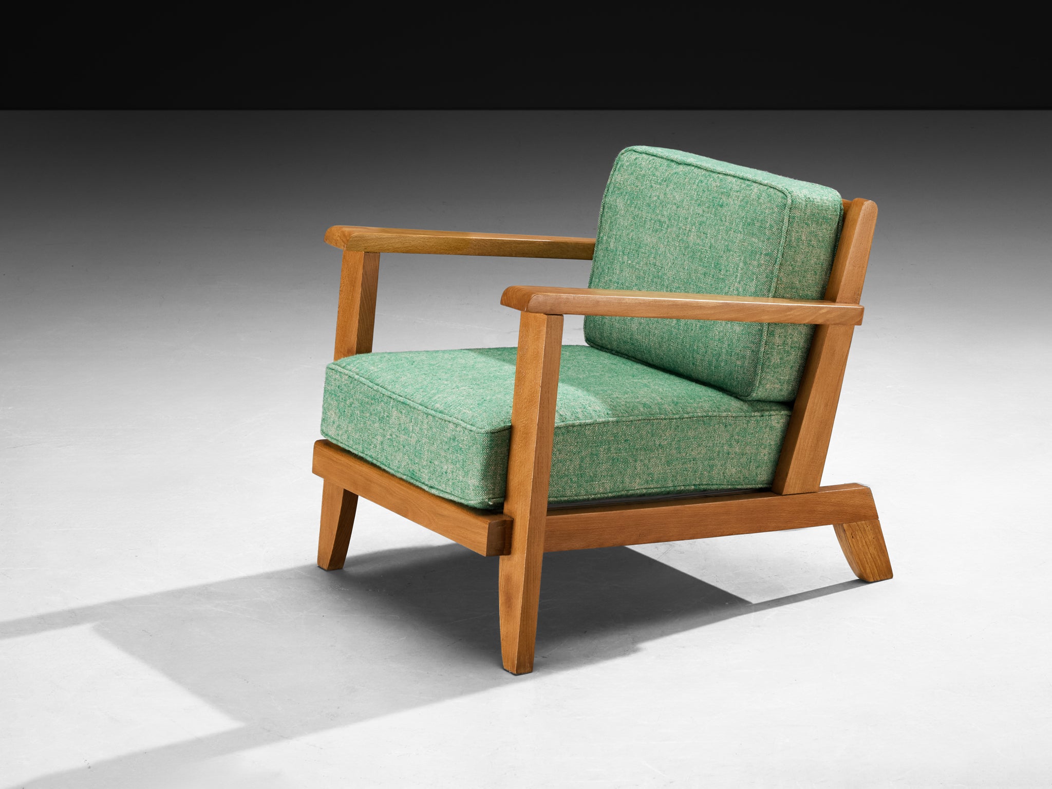 René Gabriel Lounge Chair in Green Linen Pierre Frey Fabric and Wood Seating Morentz