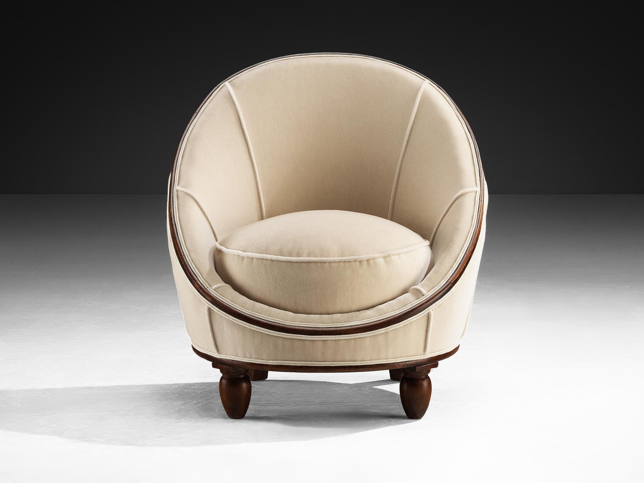 French Art Deco Lounge Chair in Off-White Fabric and Wood seating Morentz