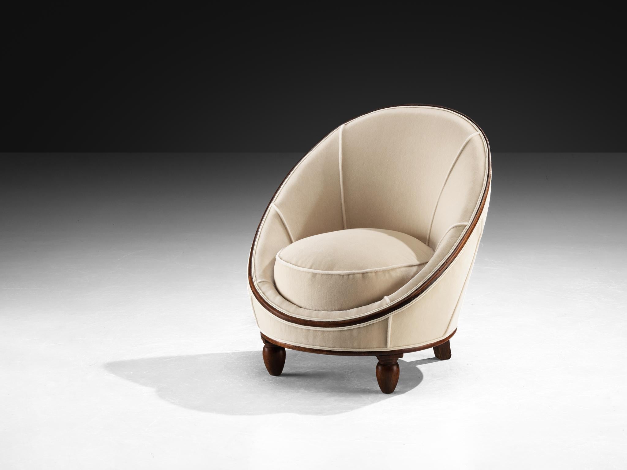 French Art Deco Lounge Chair in Off-White Fabric and Wood seating Morentz