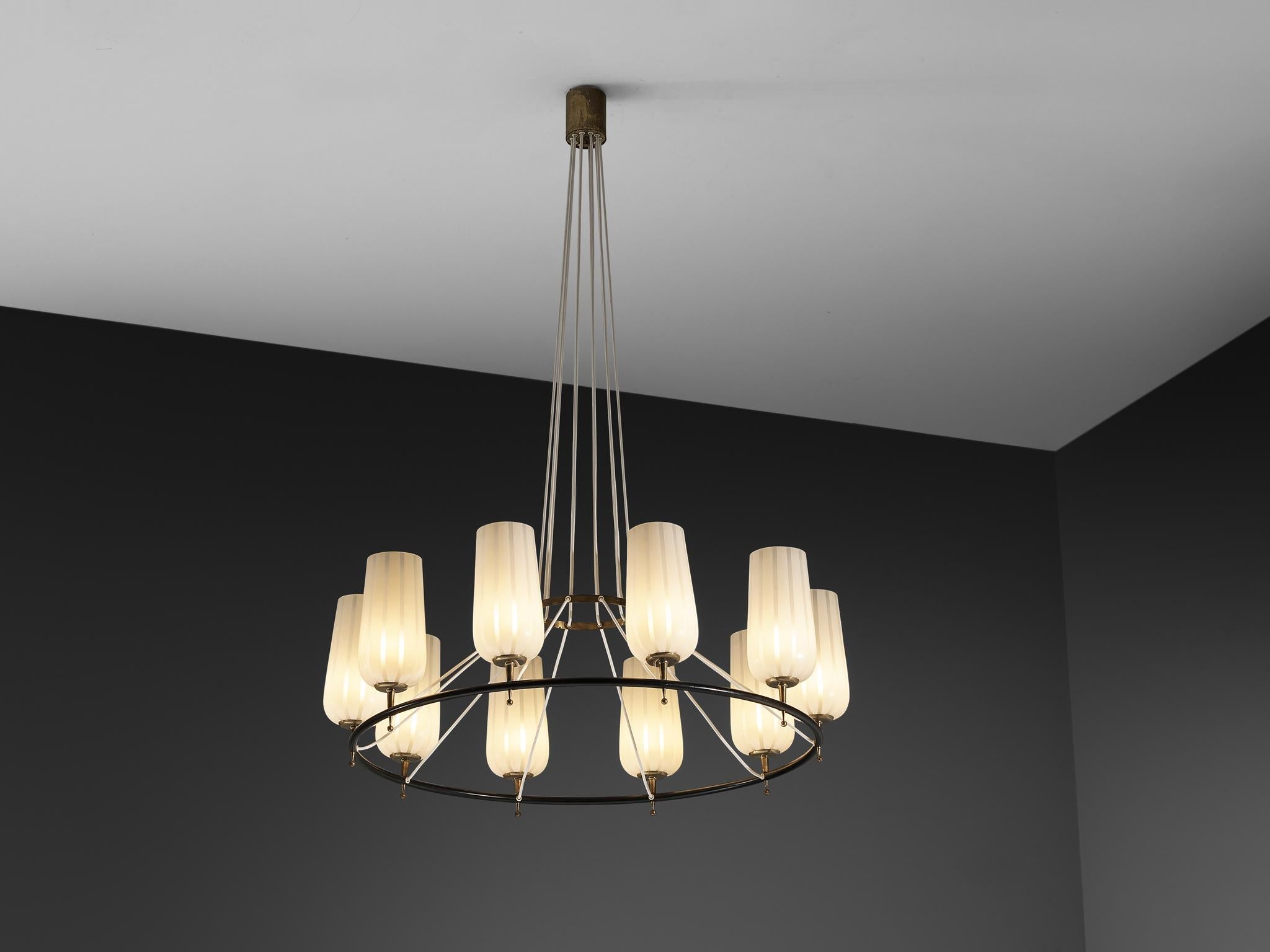 Mid-Century Modern Austrian Chandelier in Striped Satin Glass and Brass lighting Morentz