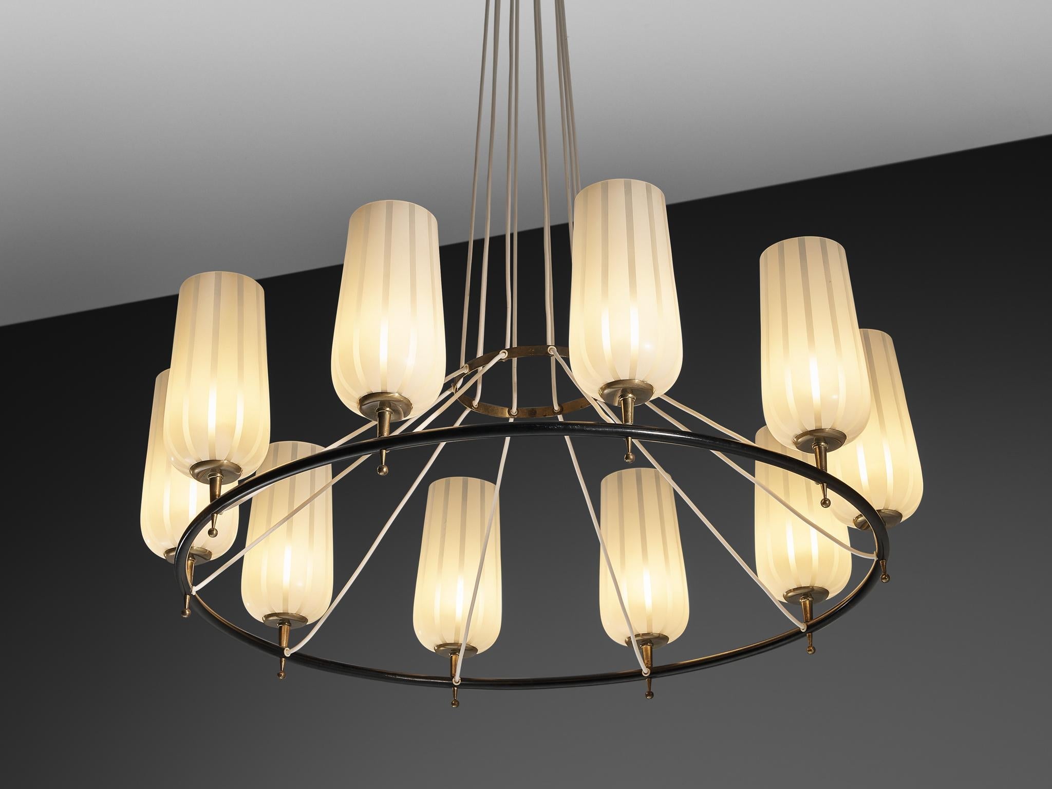 Mid-Century Modern Austrian Chandelier in Striped Satin Glass and Brass lighting Morentz