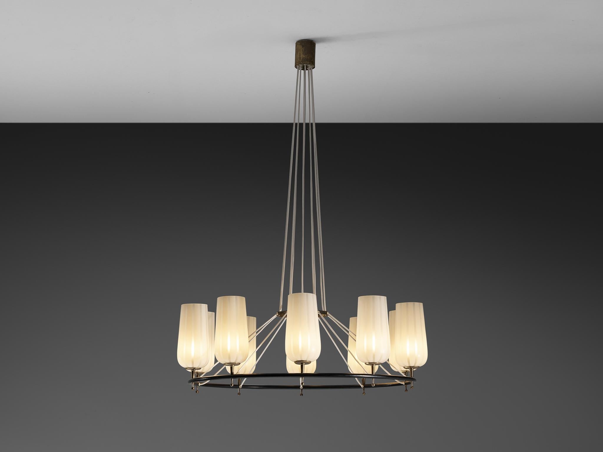 Mid-Century Modern Austrian Chandelier in Striped Satin Glass and Brass lighting Morentz