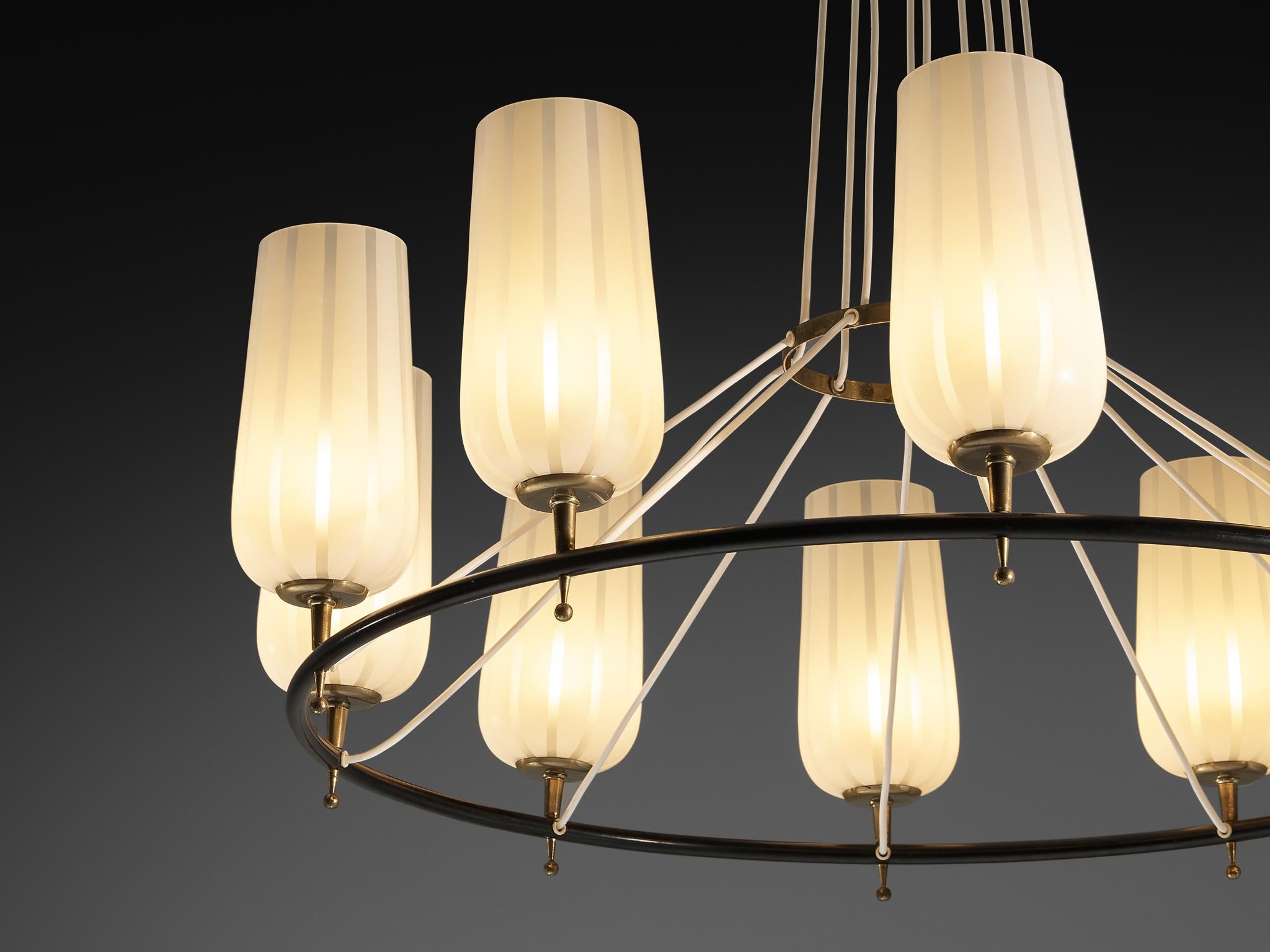 Mid-Century Modern Austrian Chandelier in Striped Satin Glass and Brass lighting Morentz