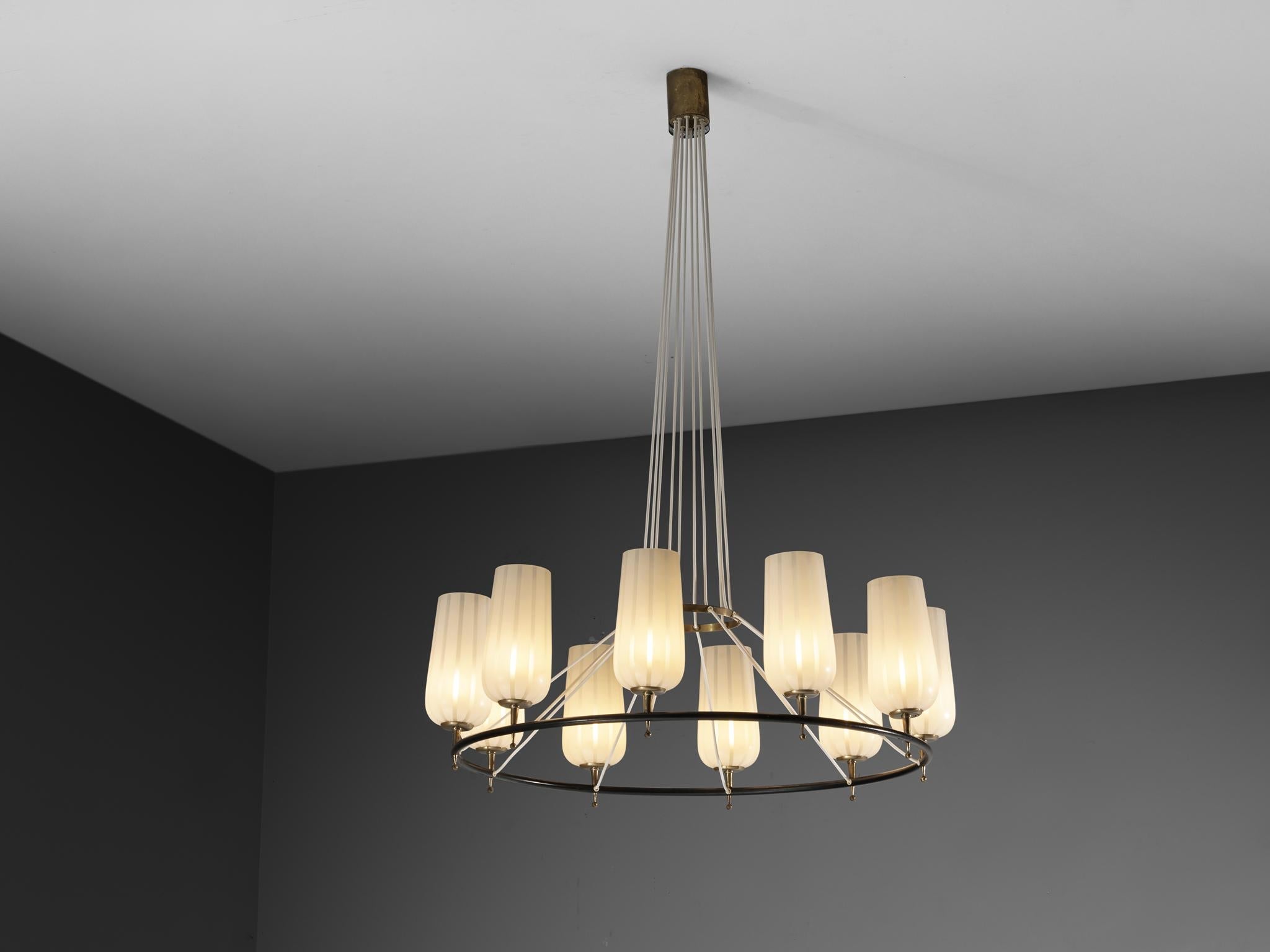 Mid-Century Modern Austrian Chandelier in Striped Satin Glass and Brass lighting Morentz