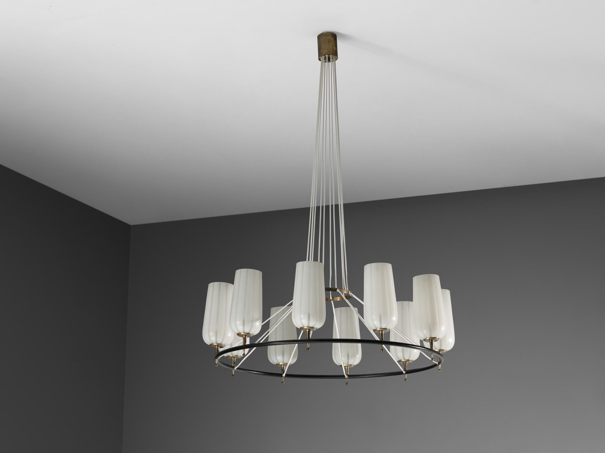 Mid-Century Modern Austrian Chandelier in Striped Satin Glass and Brass lighting Morentz
