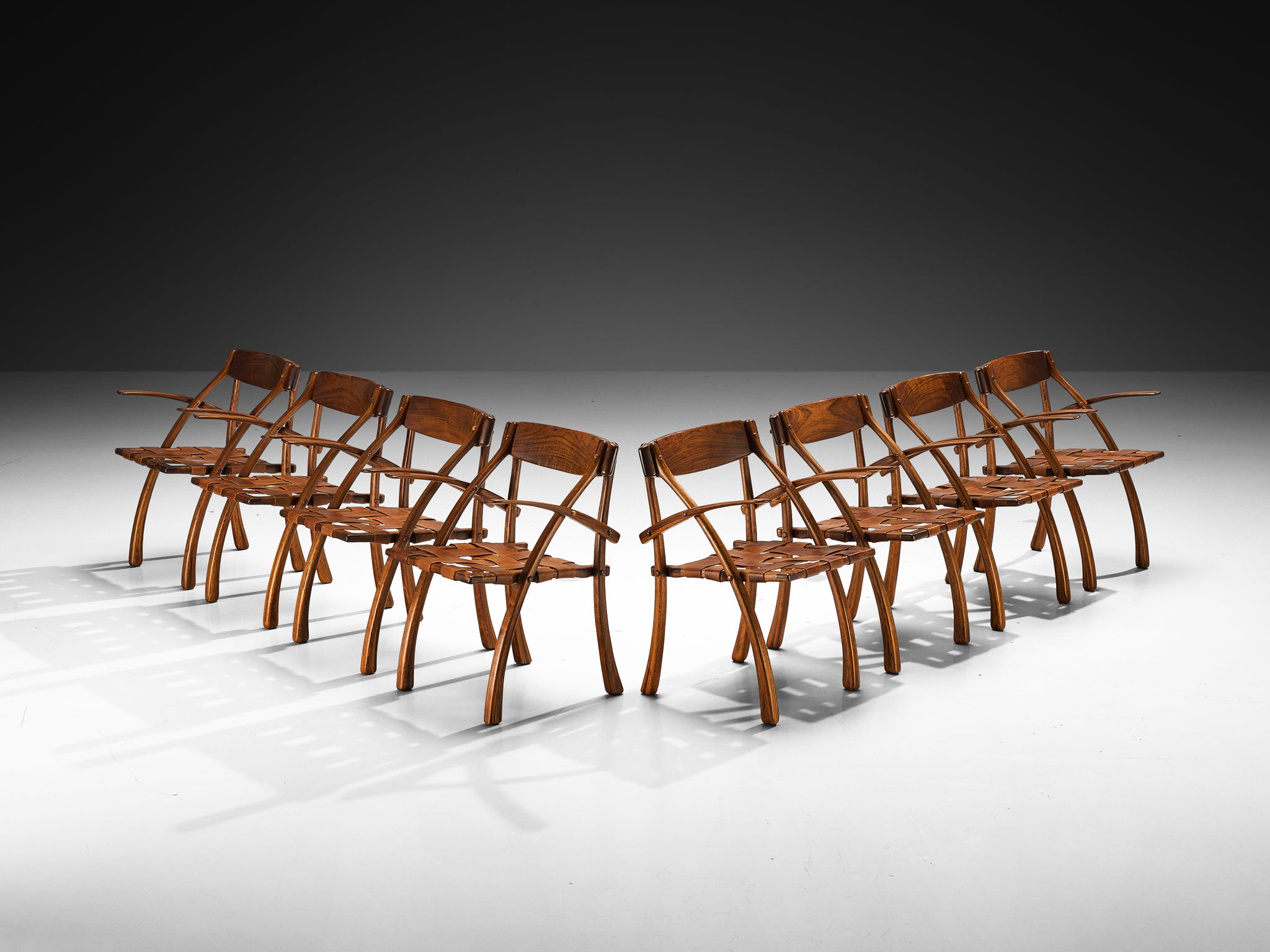 Arthur Espenet 'Wishbone' Set of Eight Armchairs in Hyedua wood and Leather Seating Morentz