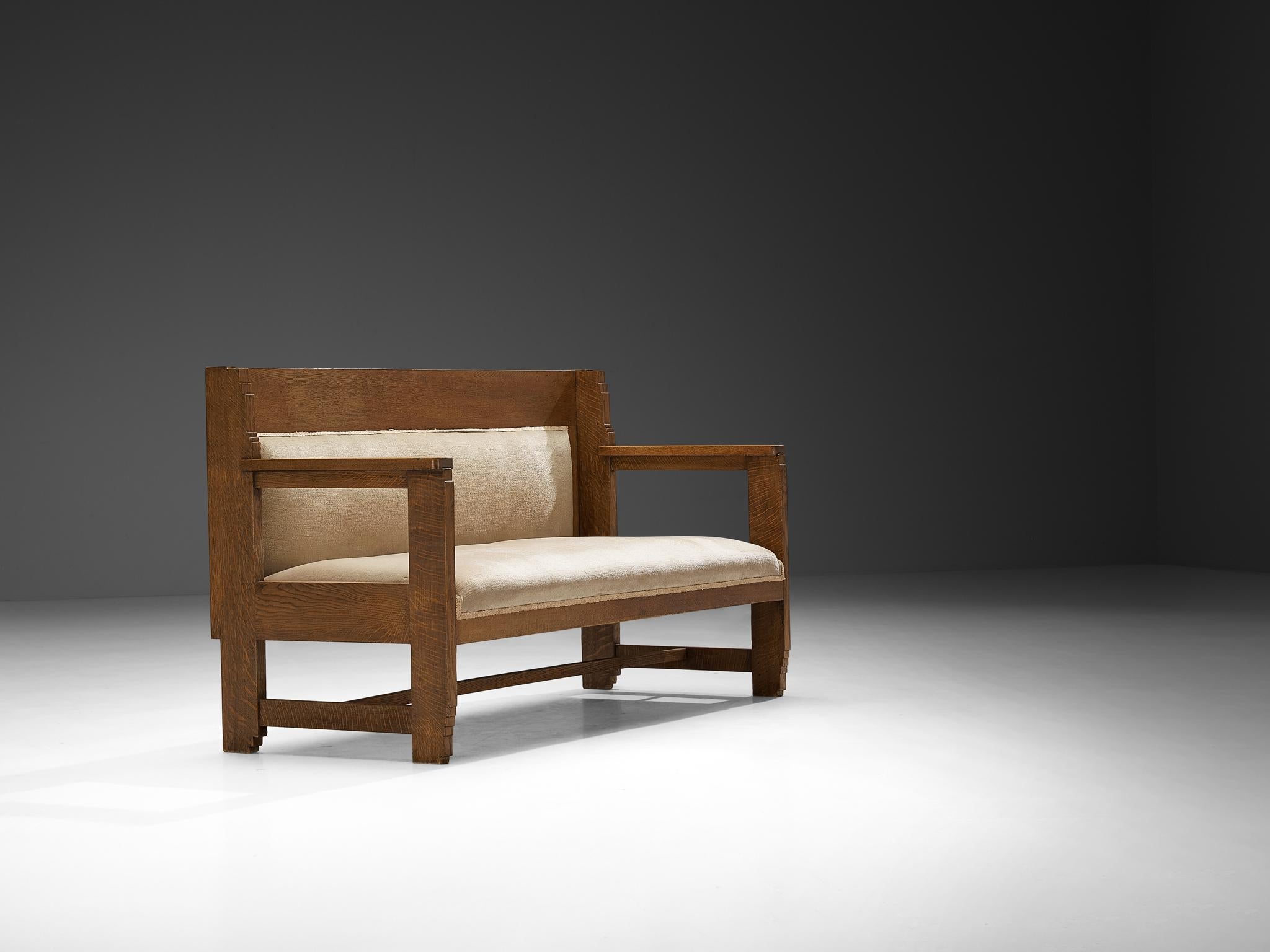 Haagse School Two Seat Bench in Oak and Beige Fabric seating Morentz