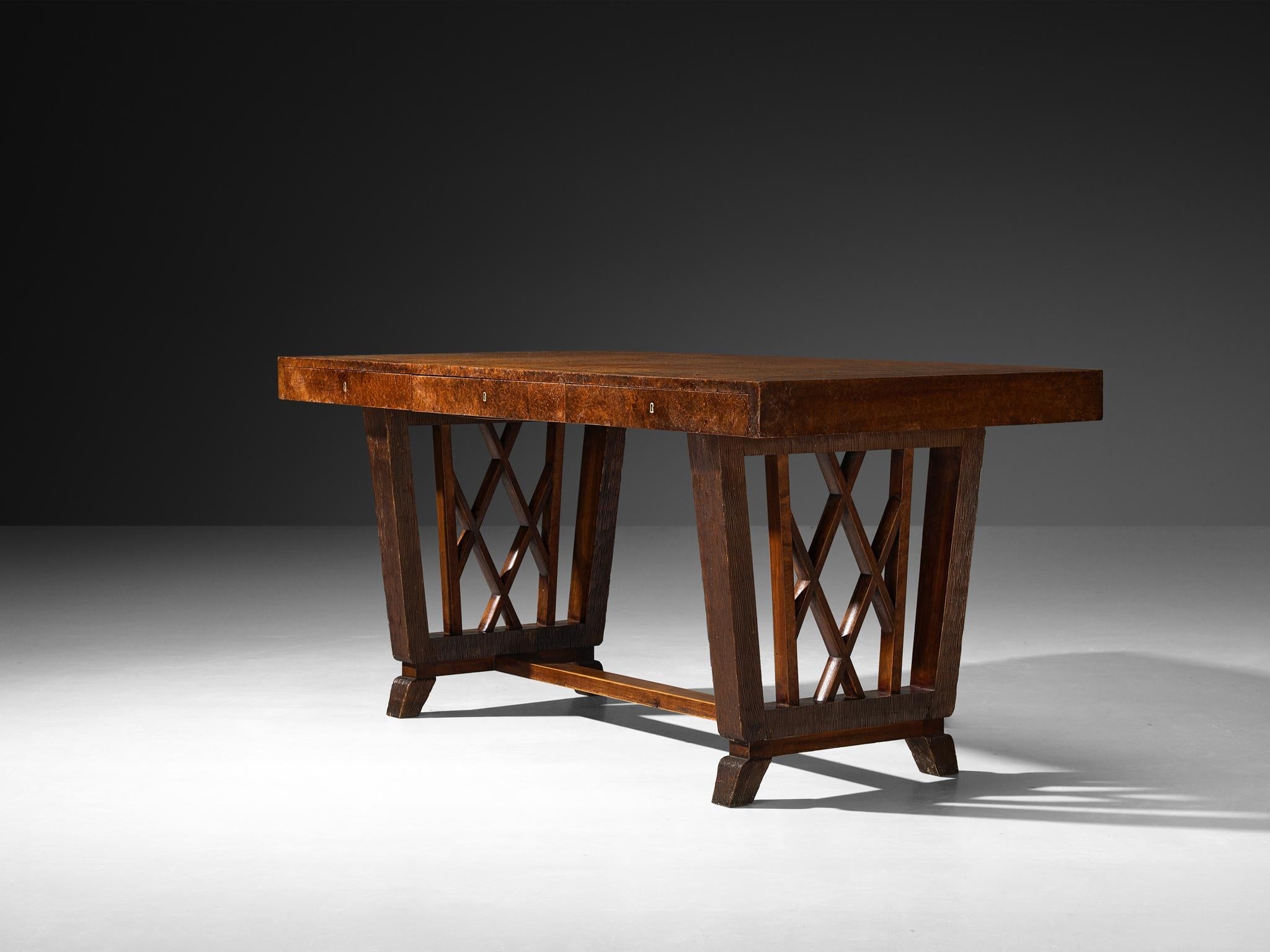 Ernesto Valabrega for Vittorio Valabrega Art Deco Desk in Walnut Briar tables Morentz