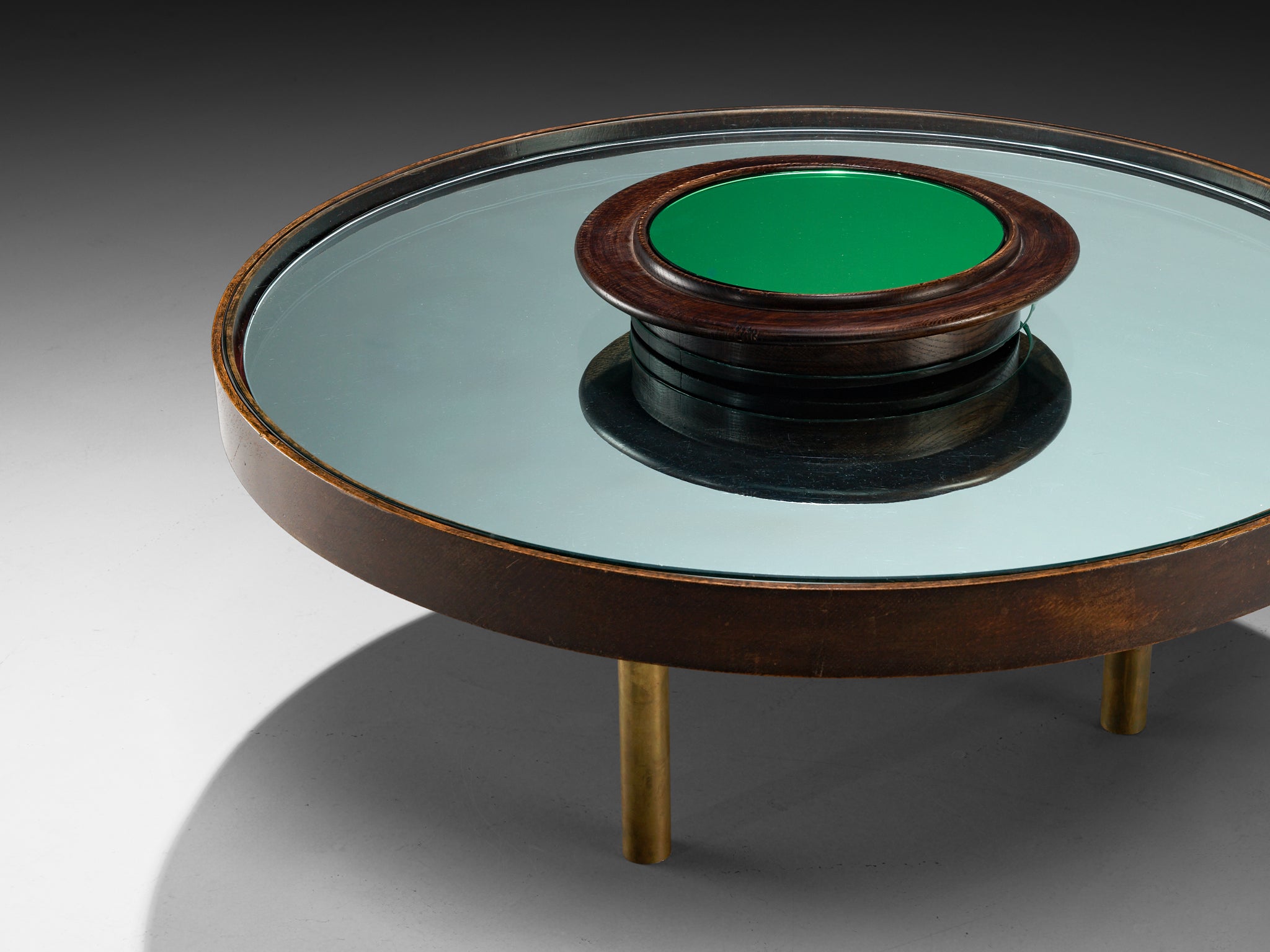 1930s Luigi Fontana & C. Coffee Table in Crystal Glass Oak and Brass Tables Morentz