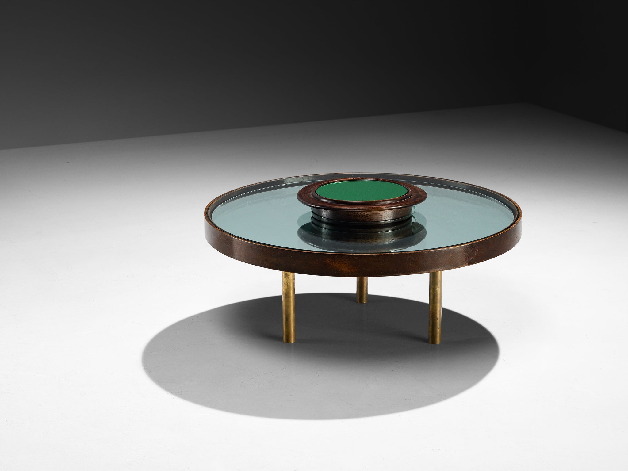 1930s Luigi Fontana & C. Coffee Table in Crystal Glass Oak and Brass Tables Morentz