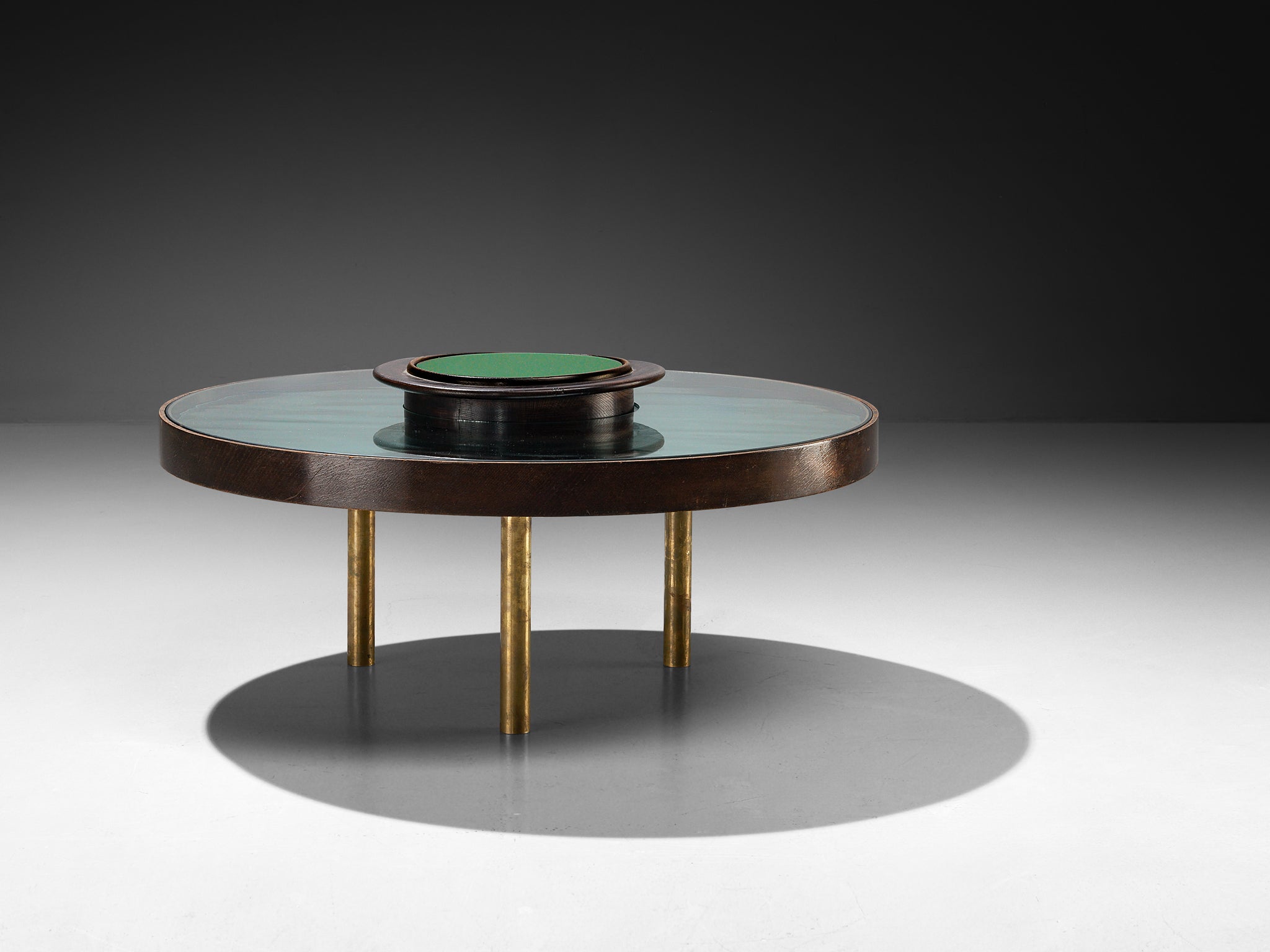 1930s Luigi Fontana & C. Coffee Table in Crystal Glass Oak and Brass Tables Morentz