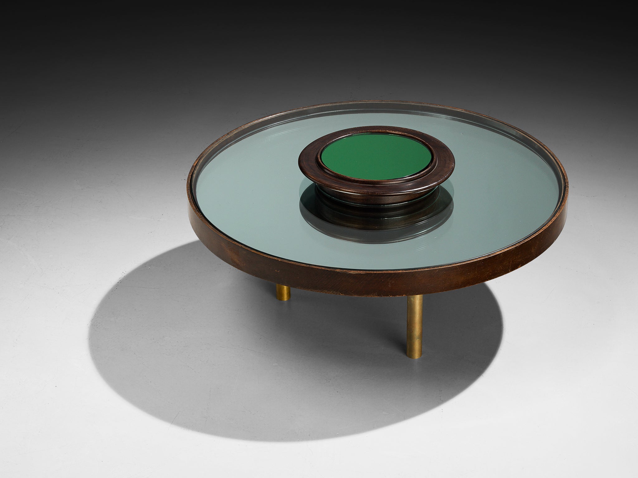 1930s Luigi Fontana & C. Coffee Table in Crystal Glass Oak and Brass Tables Morentz