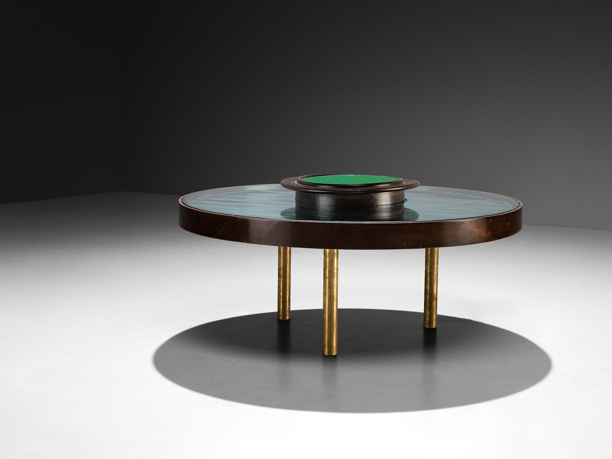 1930s Luigi Fontana & C. Coffee Table in Crystal Glass Oak and Brass Tables Morentz