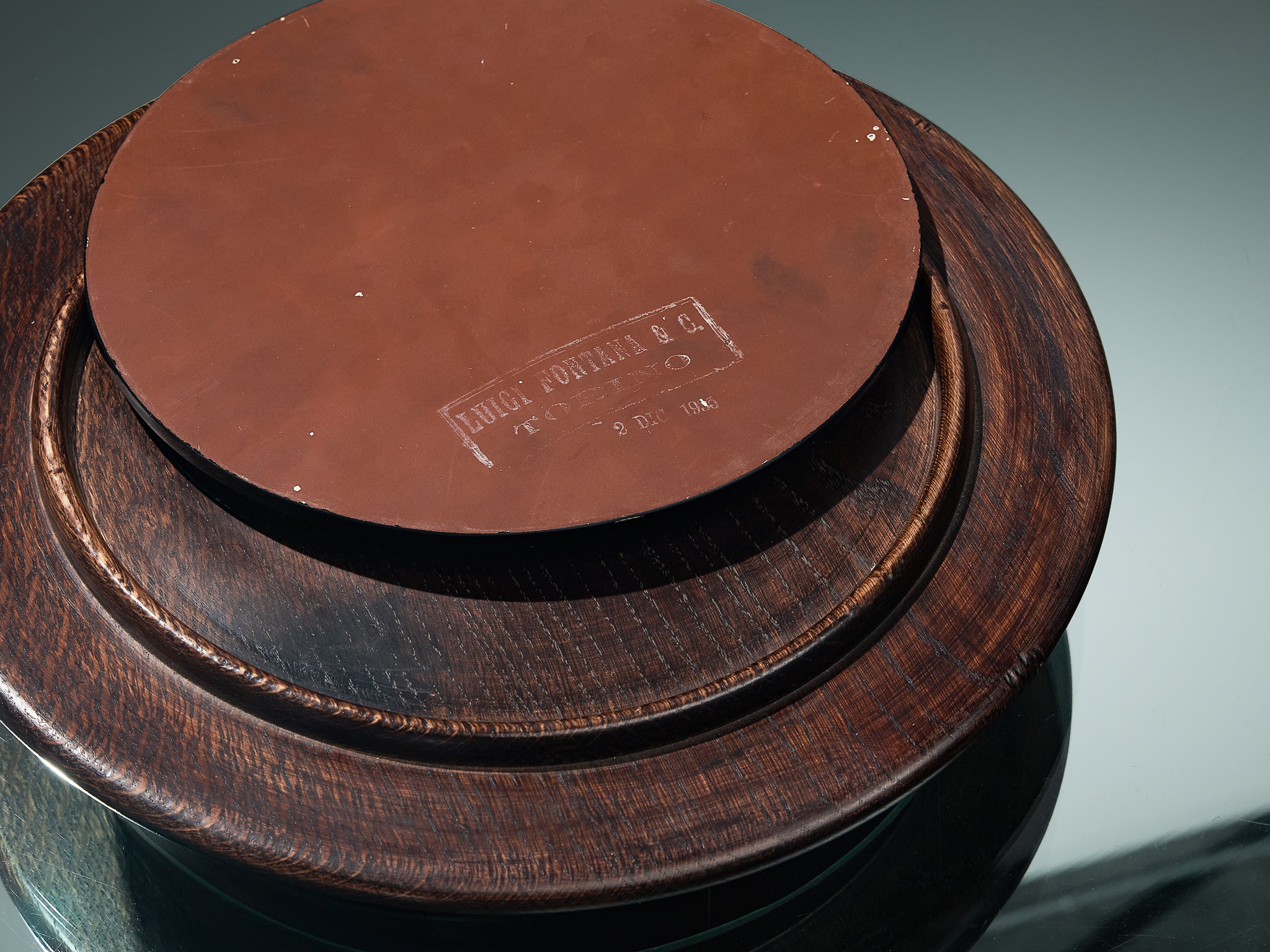 1930s Luigi Fontana & C. Coffee Table in Crystal Glass Oak and Brass Tables Morentz
