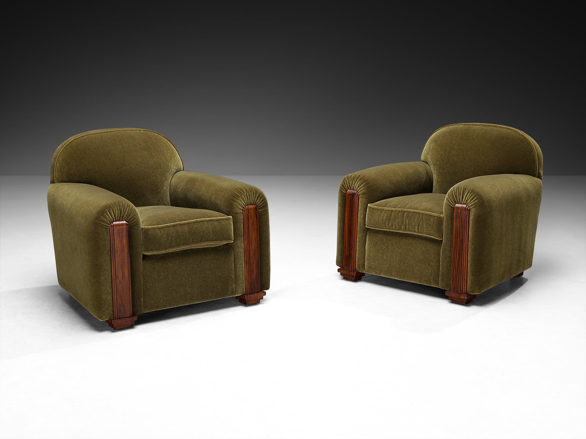 Jean Pascaud Rare Pair of Lounge Chairs in Earthy Olive Mohair by Pierre Frey