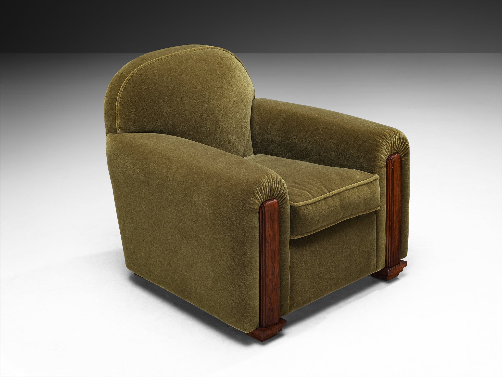 Jean Pascaud Rare Pair of Lounge Chairs in Earthy Olive Mohair by Pierre Frey Seating Morentz