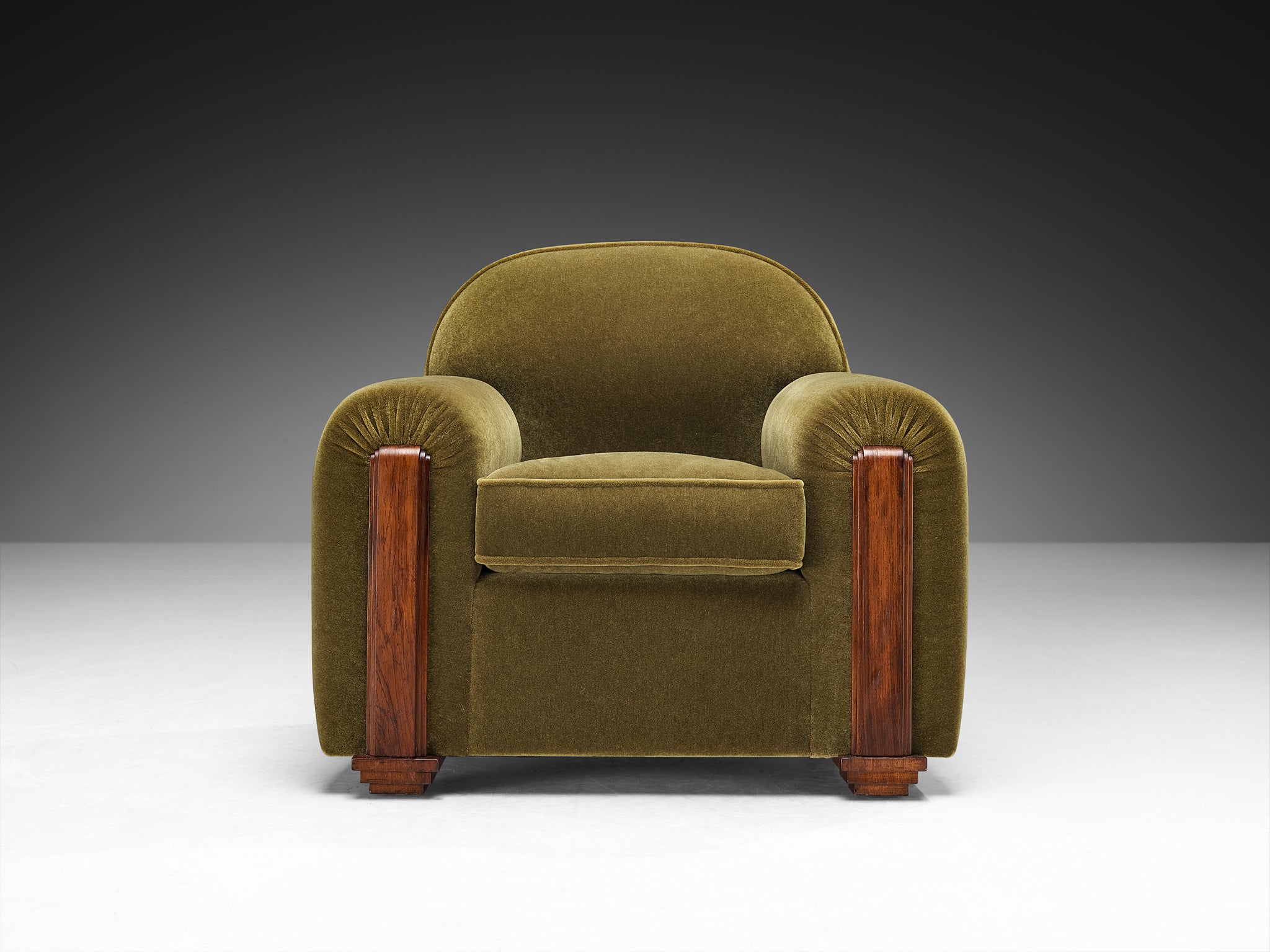 Jean Pascaud Rare Pair of Lounge Chairs in Earthy Olive Mohair by Pierre Frey Seating Morentz