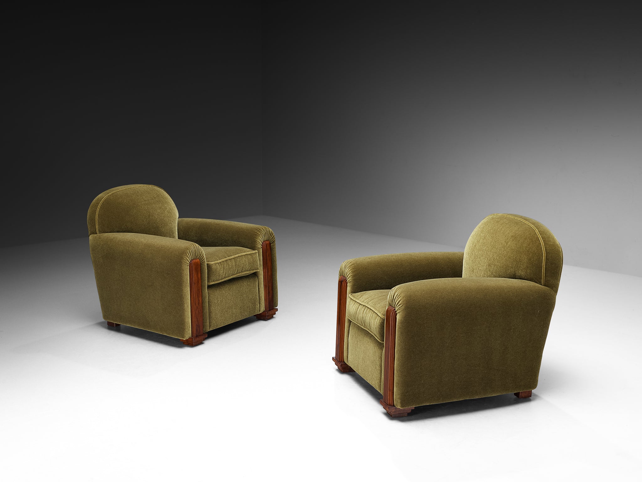 Jean Pascaud Rare Pair of Lounge Chairs in Earthy Olive Mohair by Pierre Frey Seating Morentz