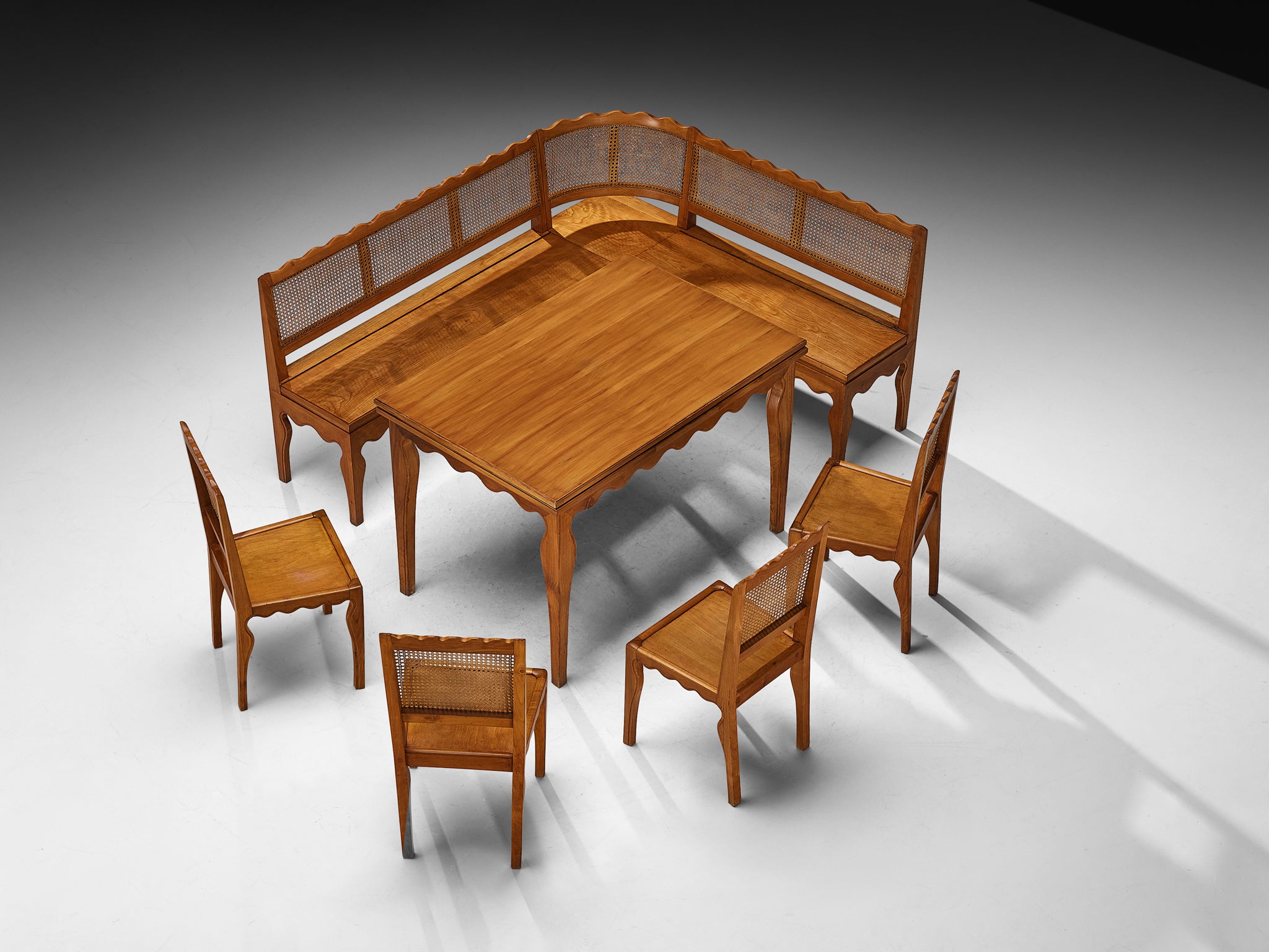 1940s Paolo Buffa Custom Dining Room Set in Cherry Wood and Cane Tables Morentz
