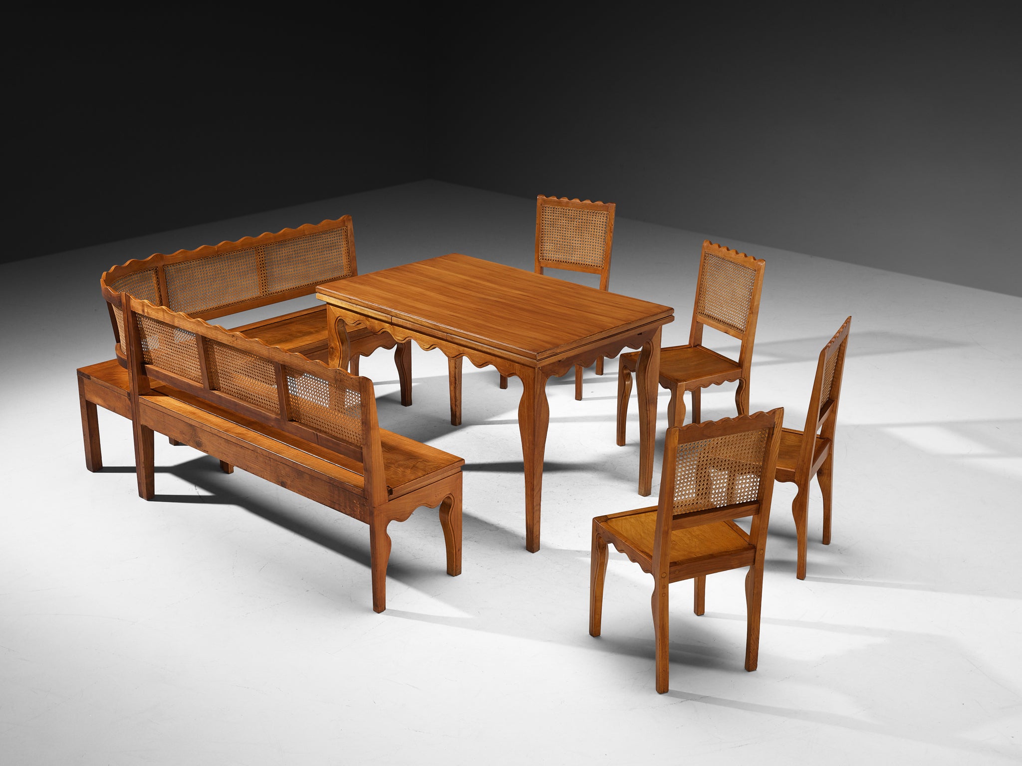 1940s Paolo Buffa Custom Dining Room Set in Cherry Wood and Cane Tables Morentz