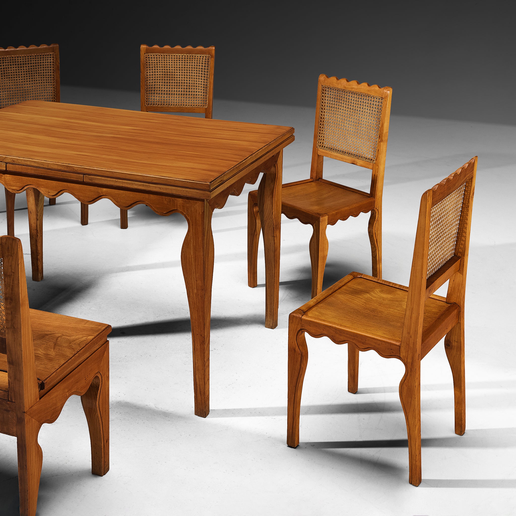 1940s Paolo Buffa Custom Dining Room Set in Cherry Wood and Cane Tables Morentz