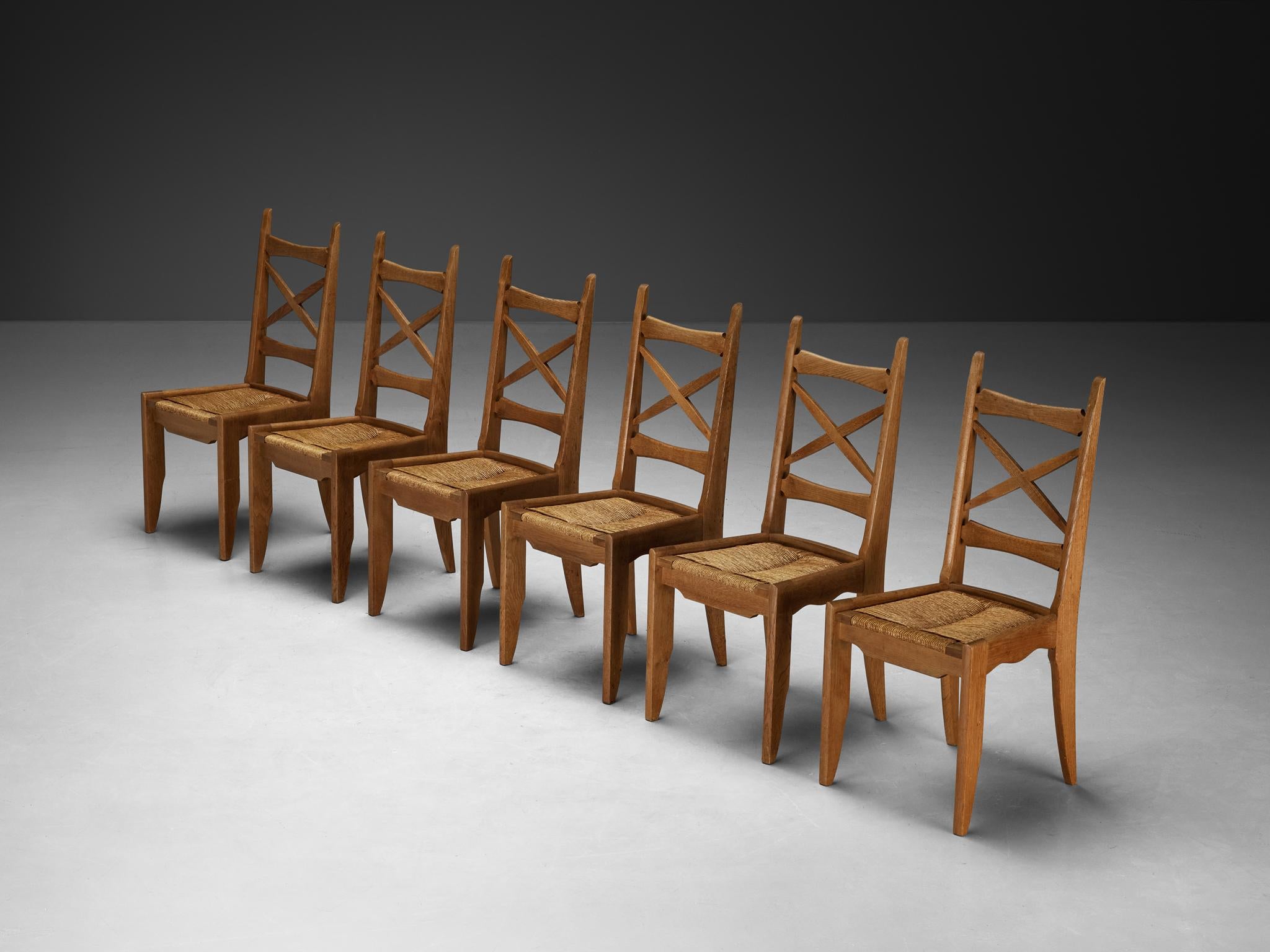 Guillerme & Chambron Set of Six Dining Chairs in Oak and Straw seating Morentz
