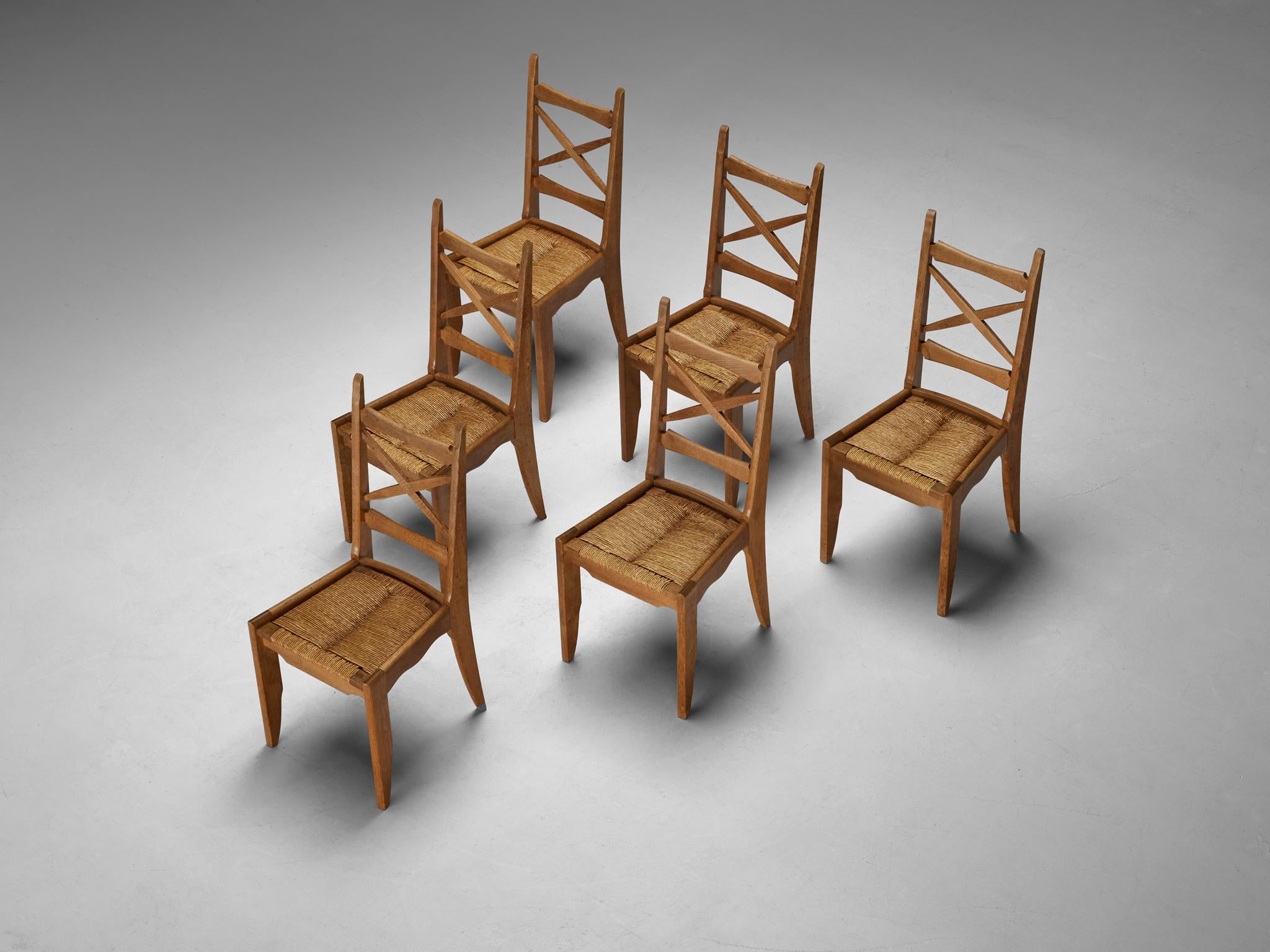 Guillerme & Chambron Set of Six Dining Chairs in Oak and Straw seating Morentz