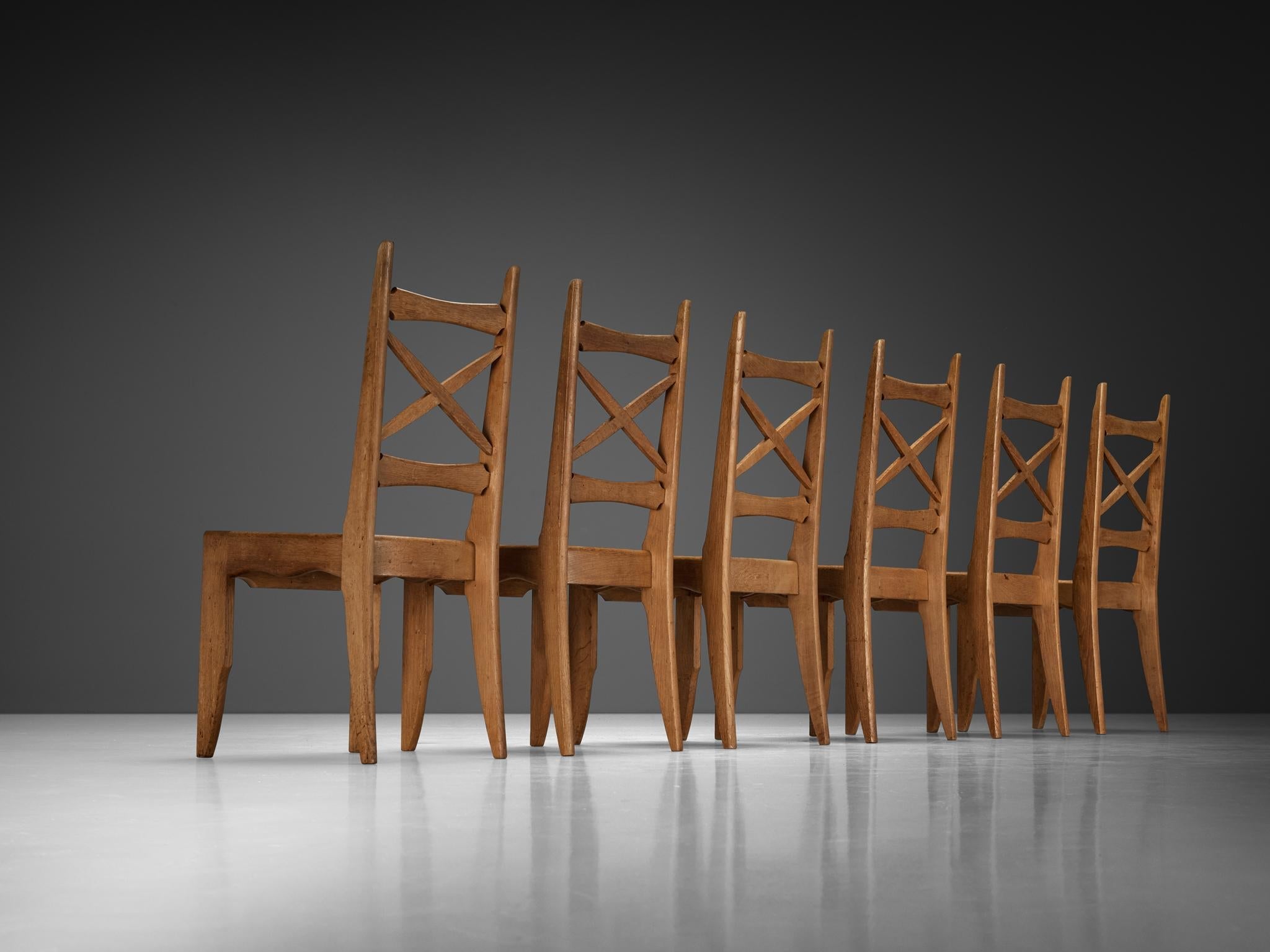 Guillerme & Chambron Set of Six Dining Chairs in Oak and Straw seating Morentz
