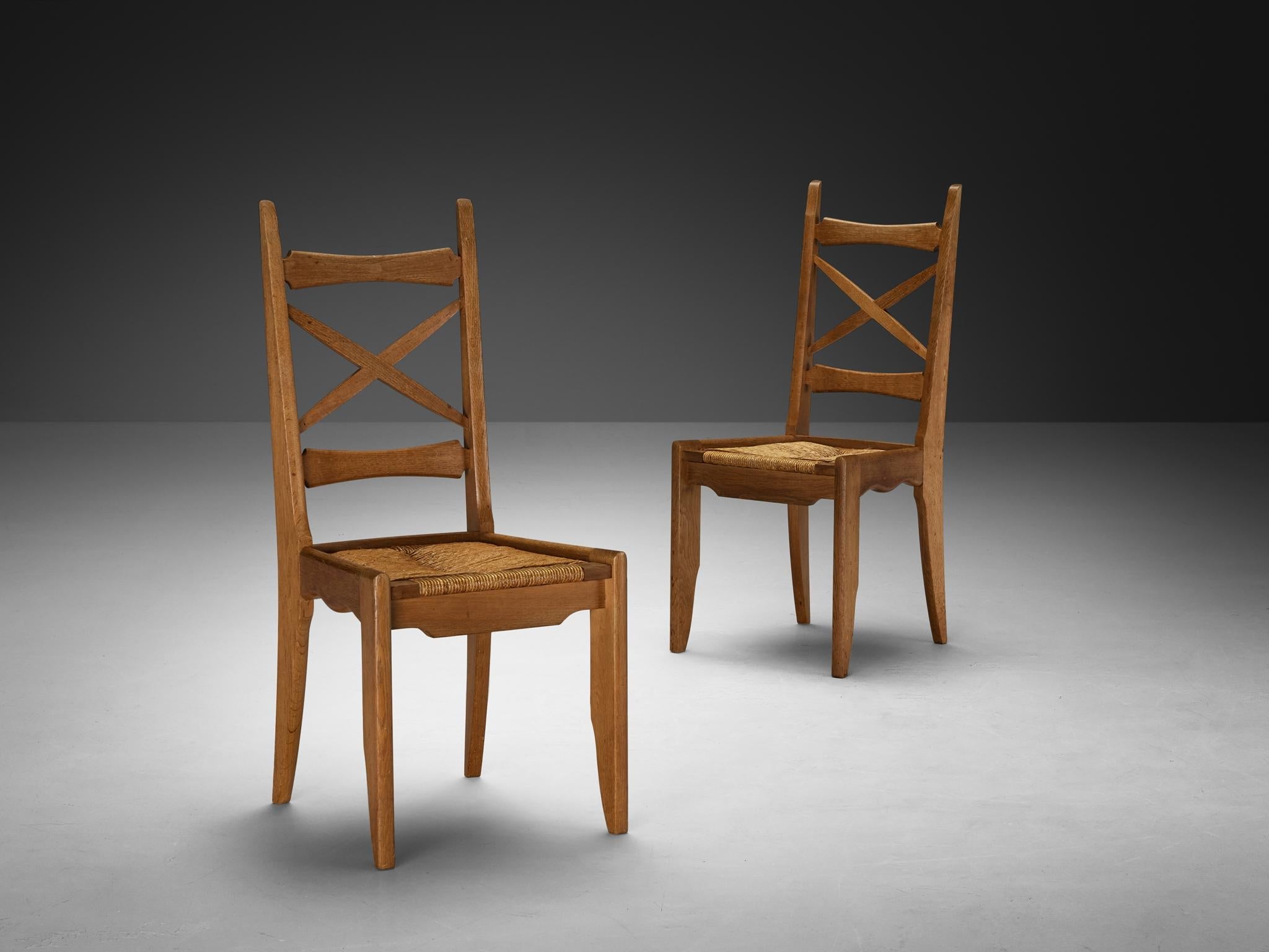 Guillerme & Chambron Set of Six Dining Chairs in Oak and Straw seating Morentz