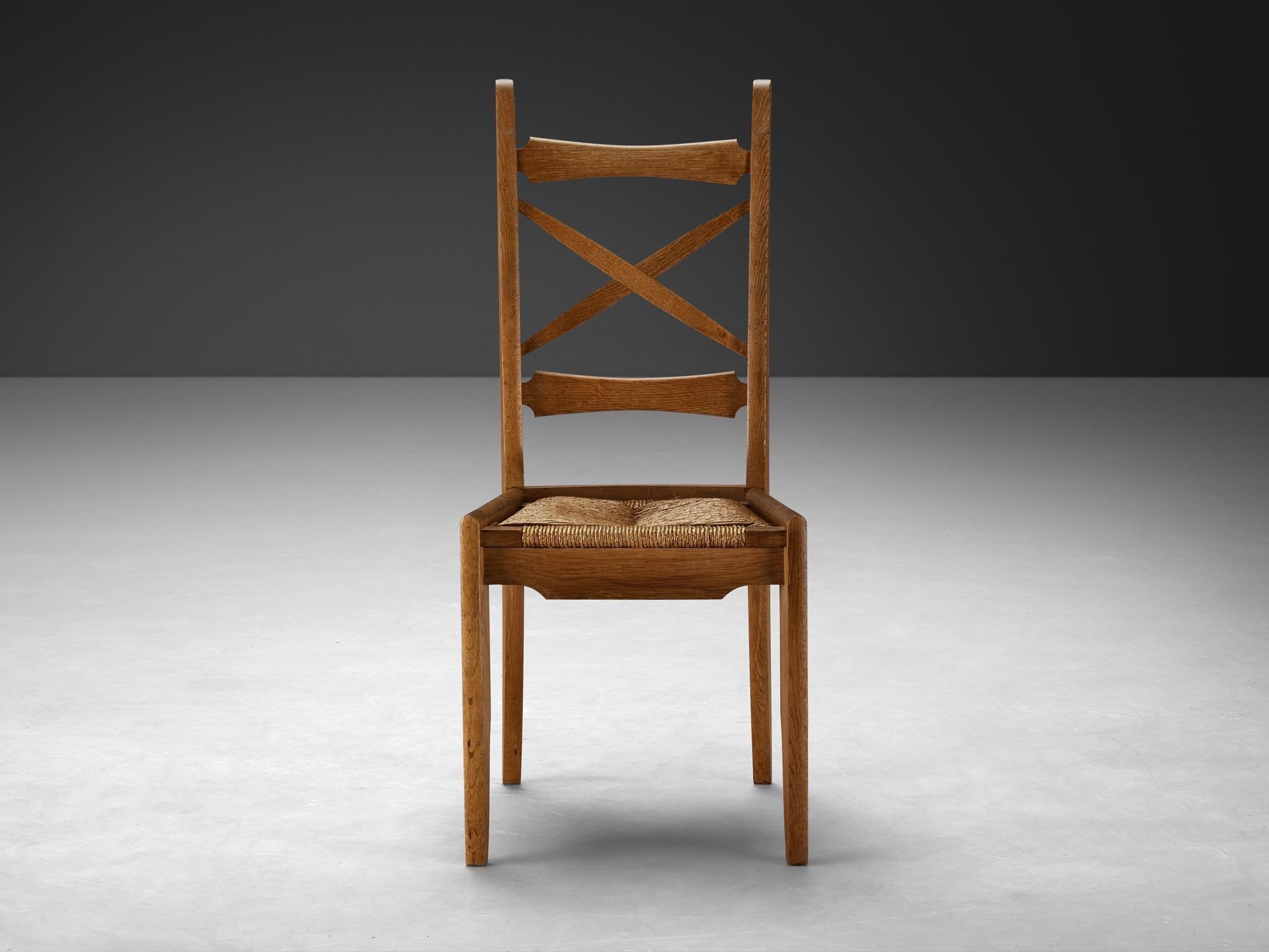 Guillerme & Chambron Set of Six Dining Chairs in Oak and Straw seating Morentz