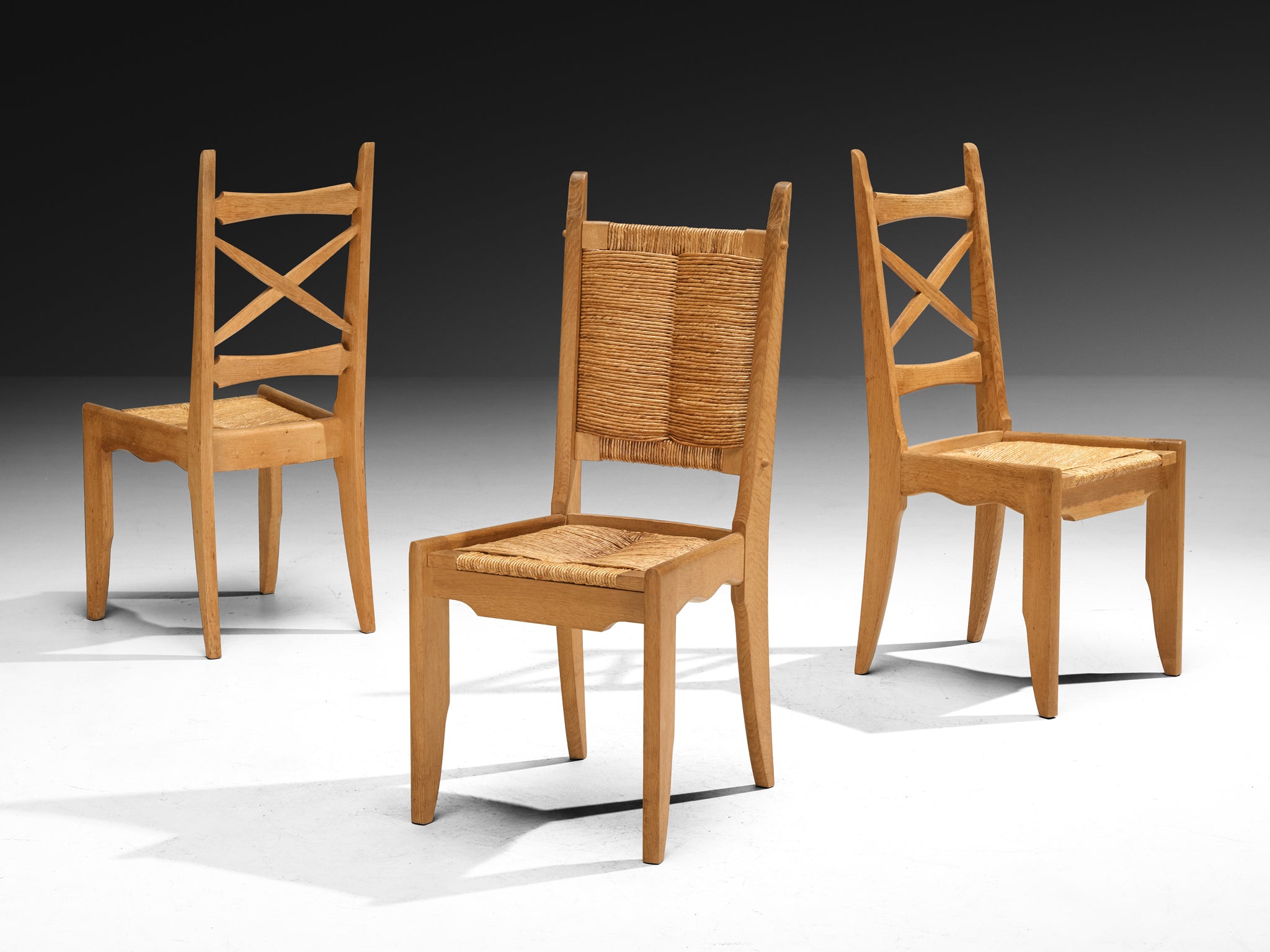 Guillerme & Chambron Set of Twelve Dining Chairs in Oak and Straw Seating Morentz