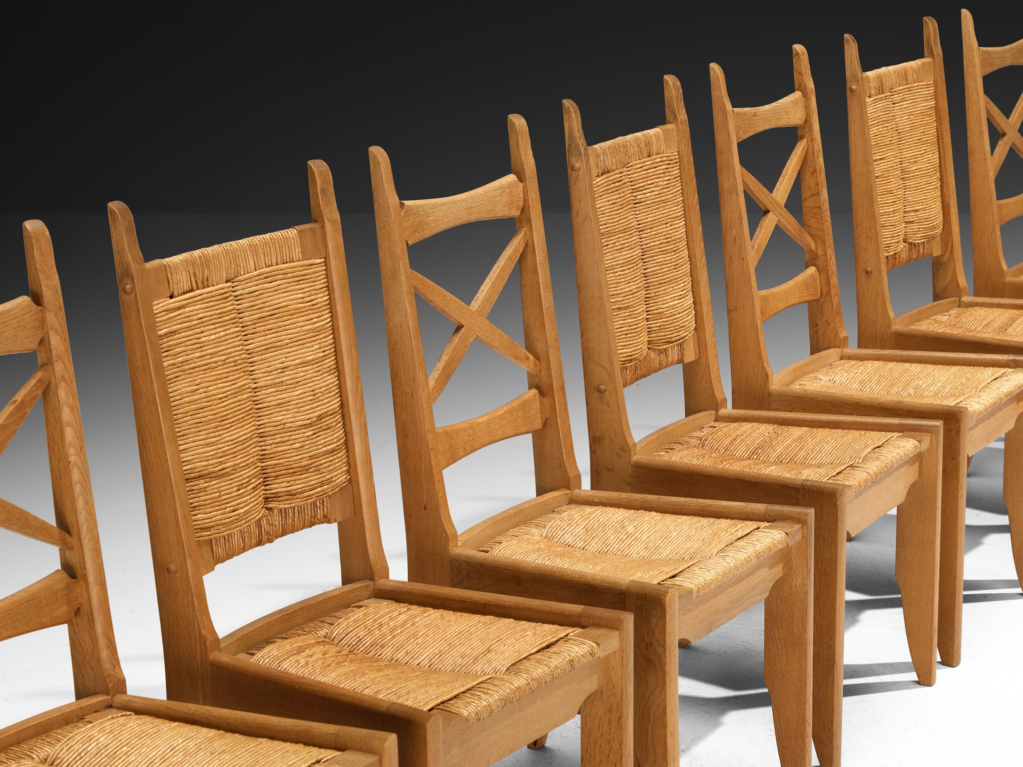 Guillerme & Chambron Set of Twelve Dining Chairs in Oak and Straw Seating Morentz