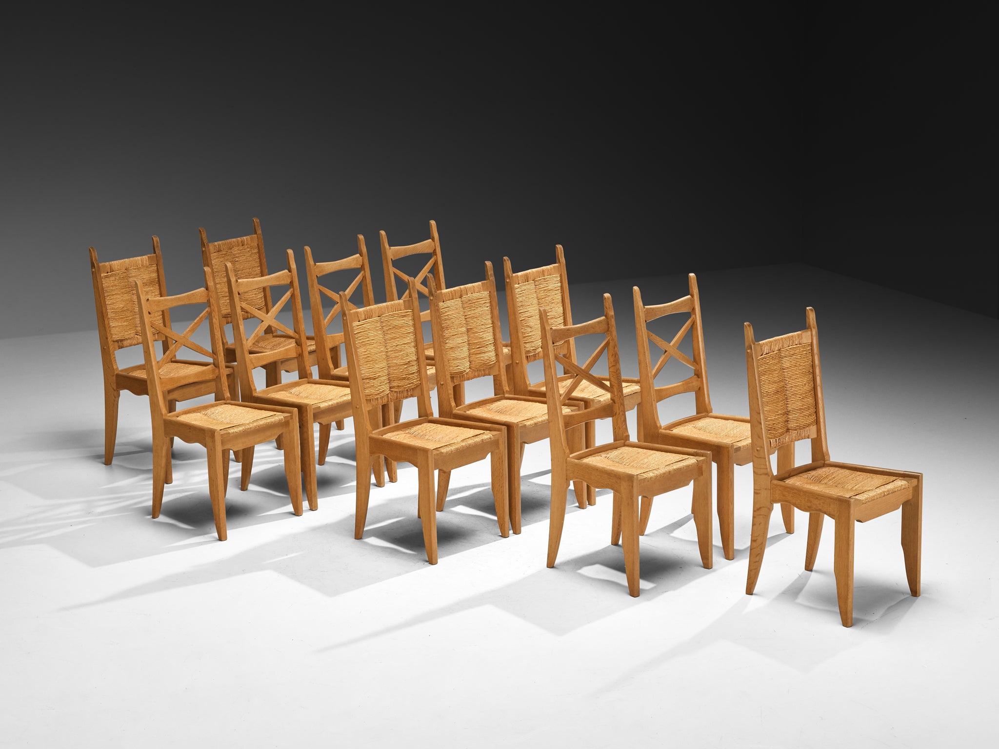 Guillerme & Chambron Set of Twelve Dining Chairs in Oak and Straw Seating Morentz