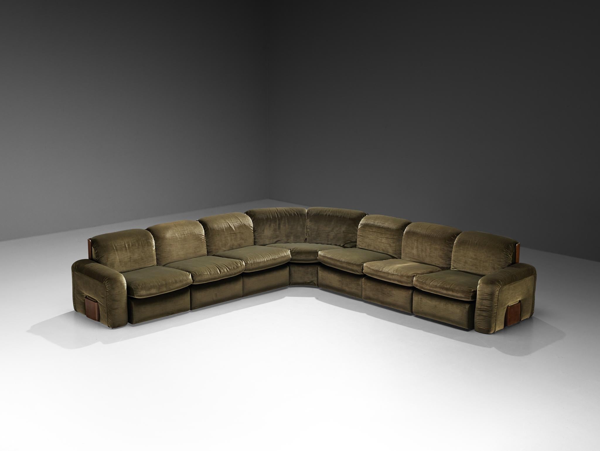 Italian Mid-century Grand Sectional Sofa in Moss Green Fabric seating Morentz