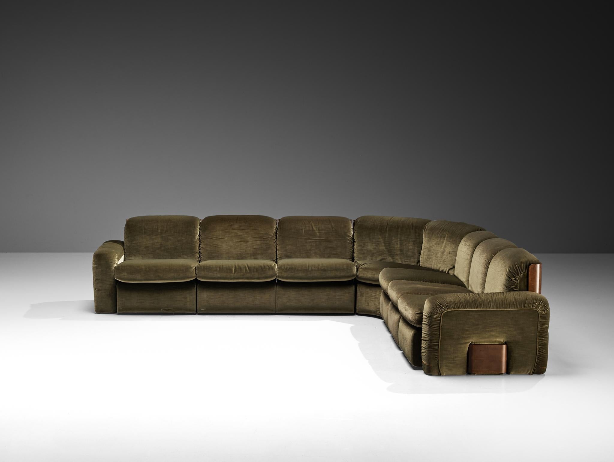 Italian Mid-century Grand Sectional Sofa in Moss Green Fabric seating Morentz