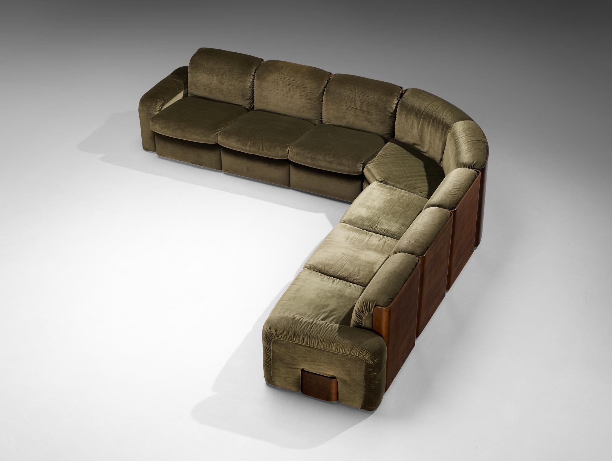 Italian Mid-century Grand Sectional Sofa in Moss Green Fabric seating Morentz
