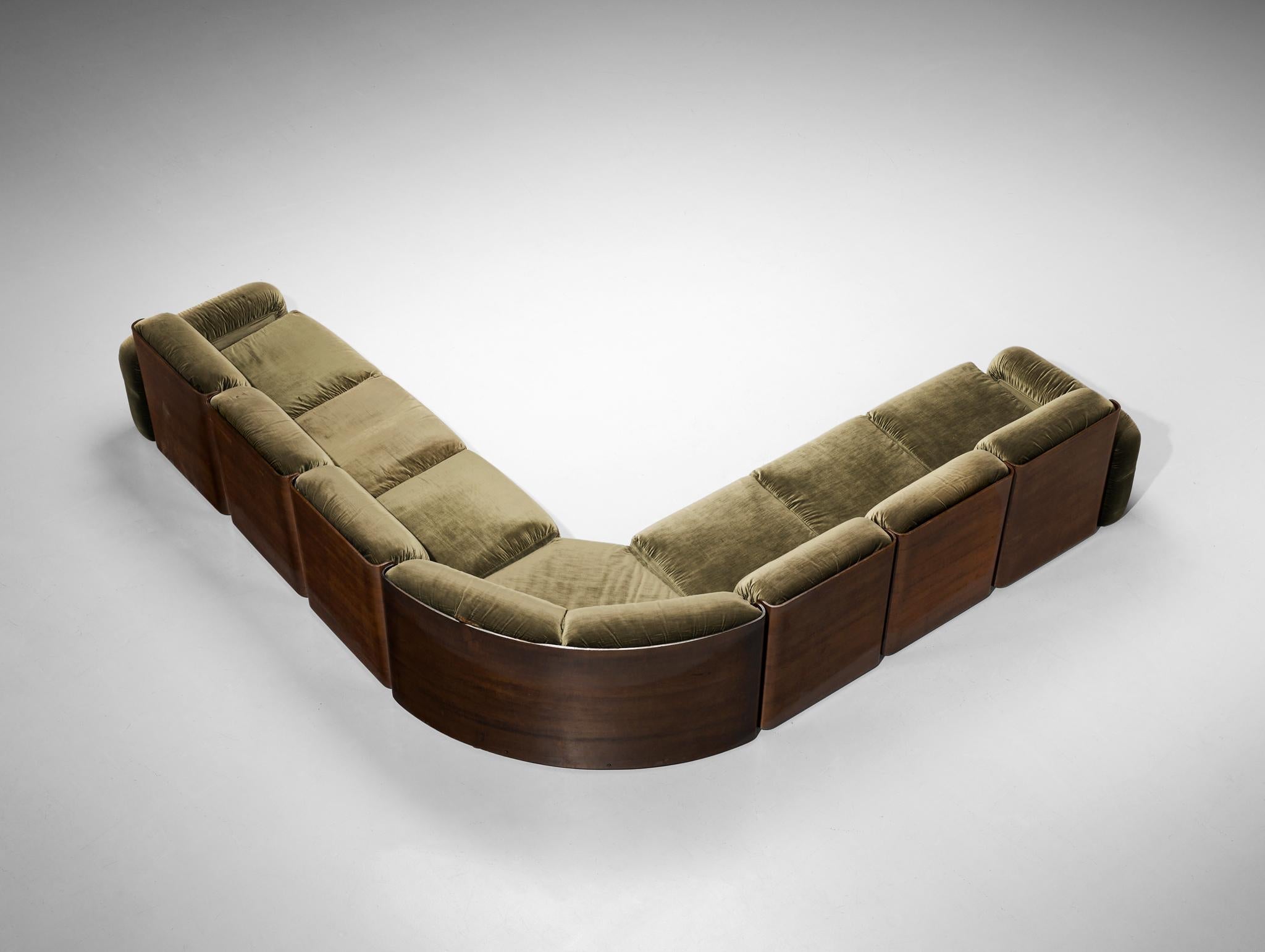 Italian Mid-century Grand Sectional Sofa in Moss Green Fabric seating Morentz