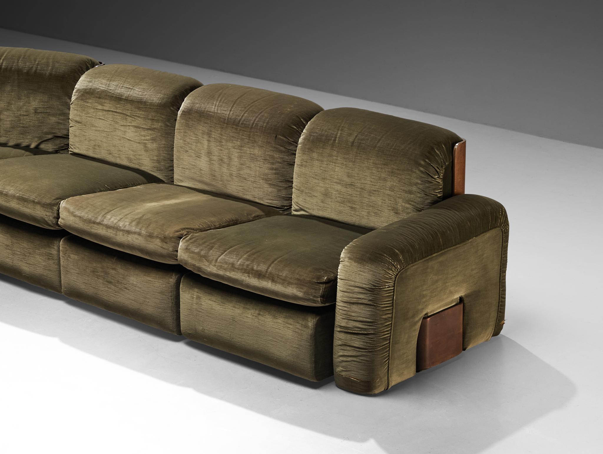 Italian Mid-century Grand Sectional Sofa in Moss Green Fabric seating Morentz