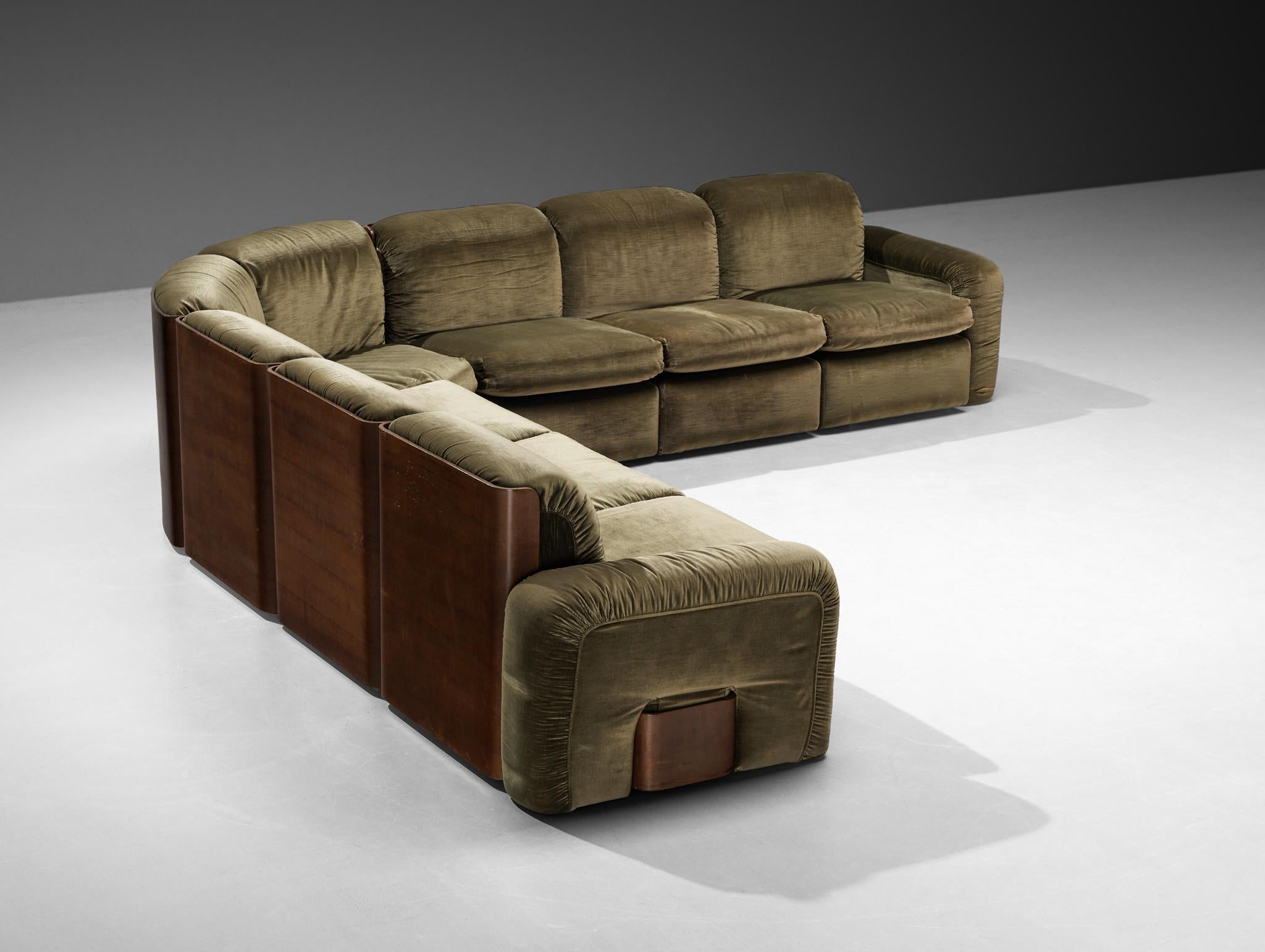 Italian Mid-century Grand Sectional Sofa in Moss Green Fabric seating Morentz