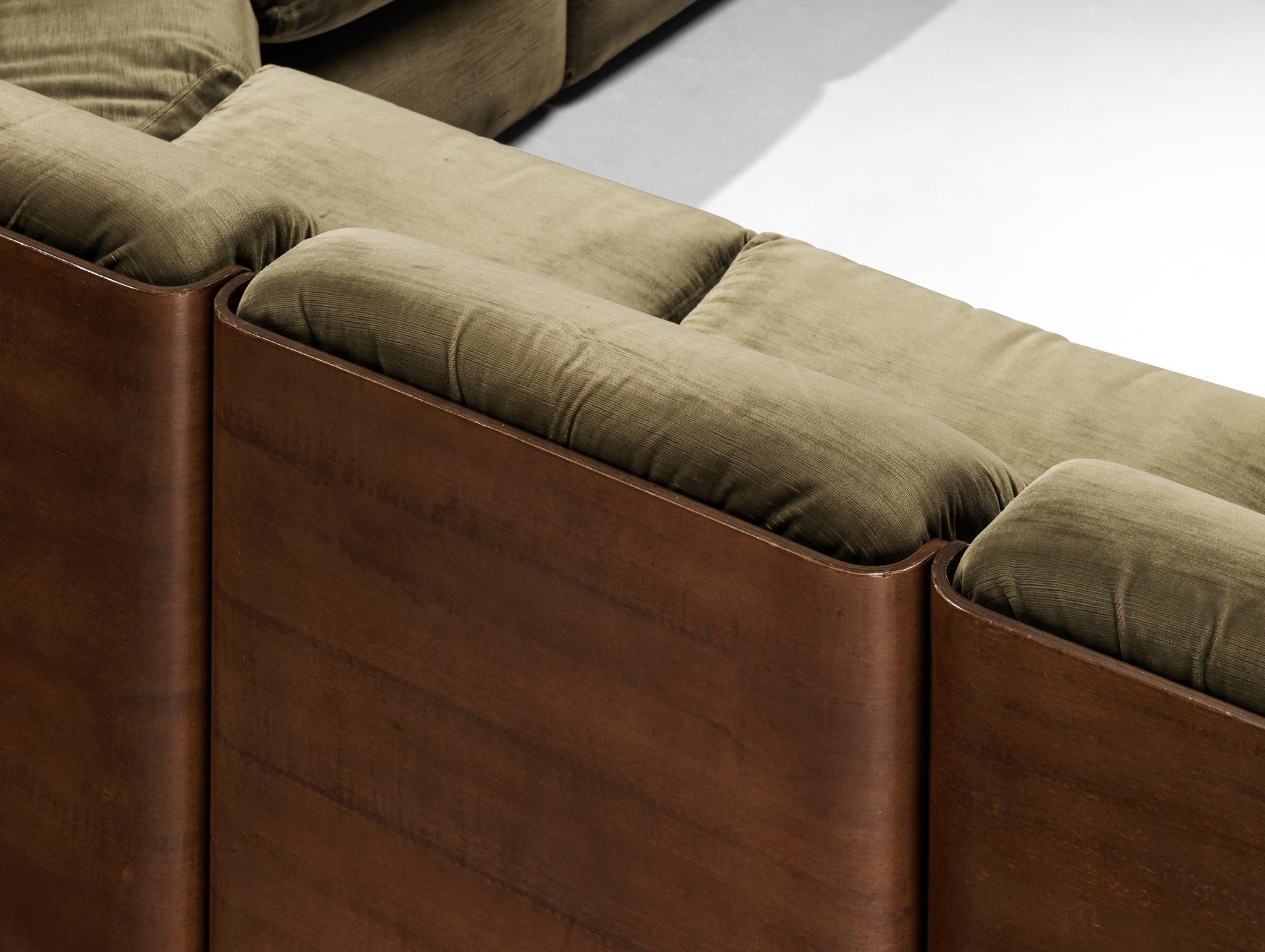 Italian Mid-century Grand Sectional Sofa in Moss Green Fabric seating Morentz